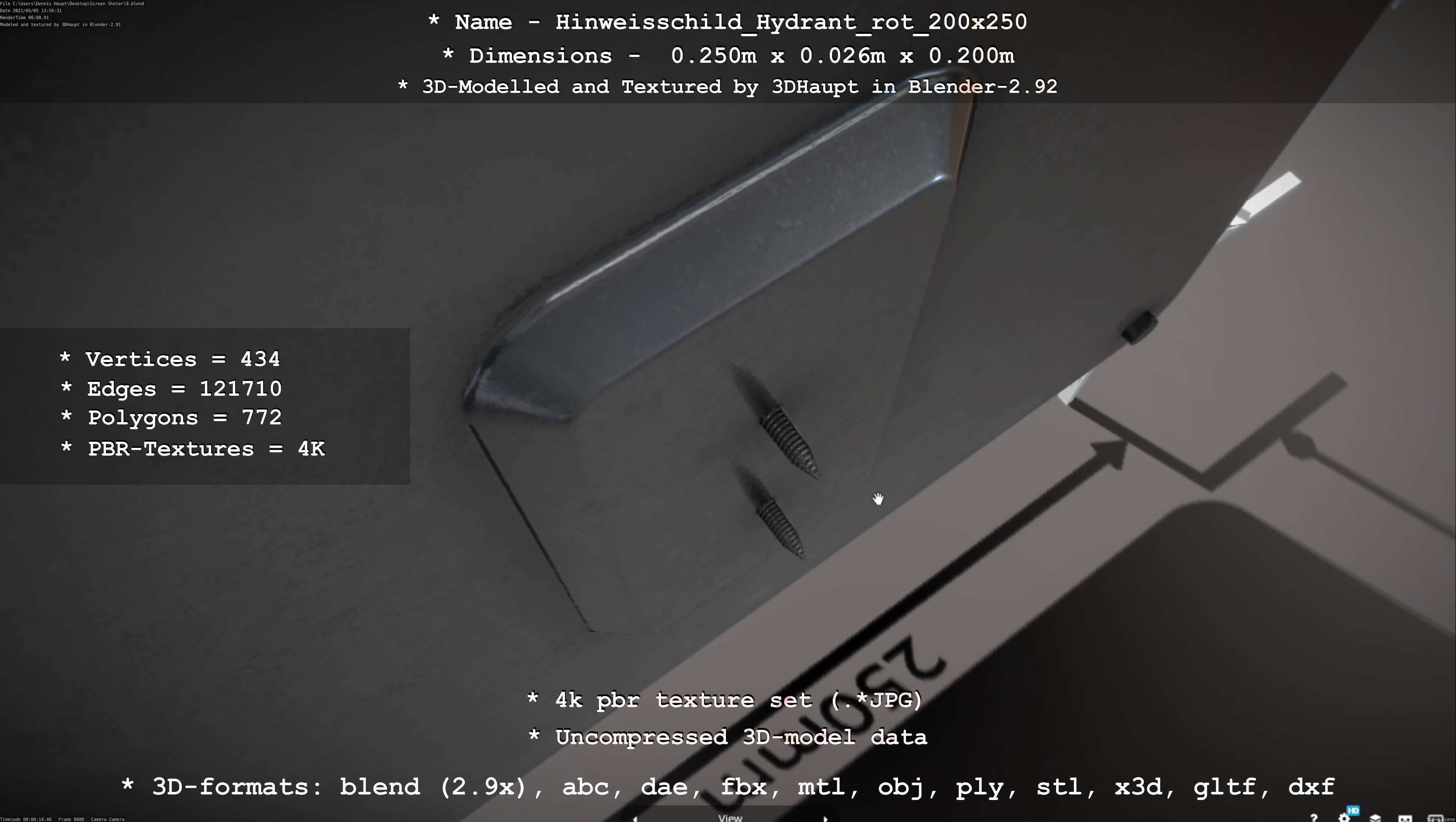 Hinweisschild Hydrant rot 200x250mm Low-poly 3D model_90