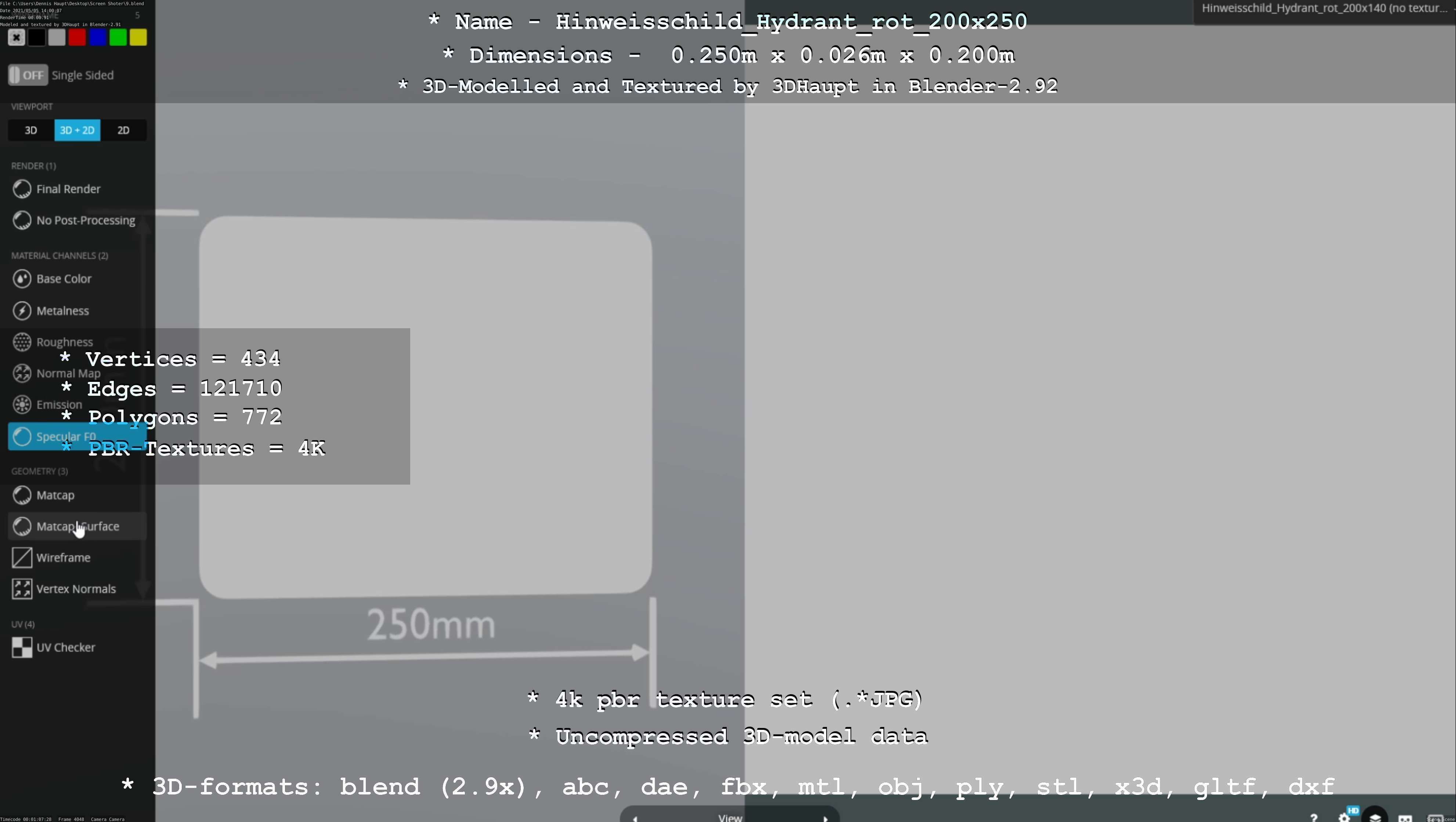 Hinweisschild Hydrant rot 200x250mm Low-poly 3D model_75