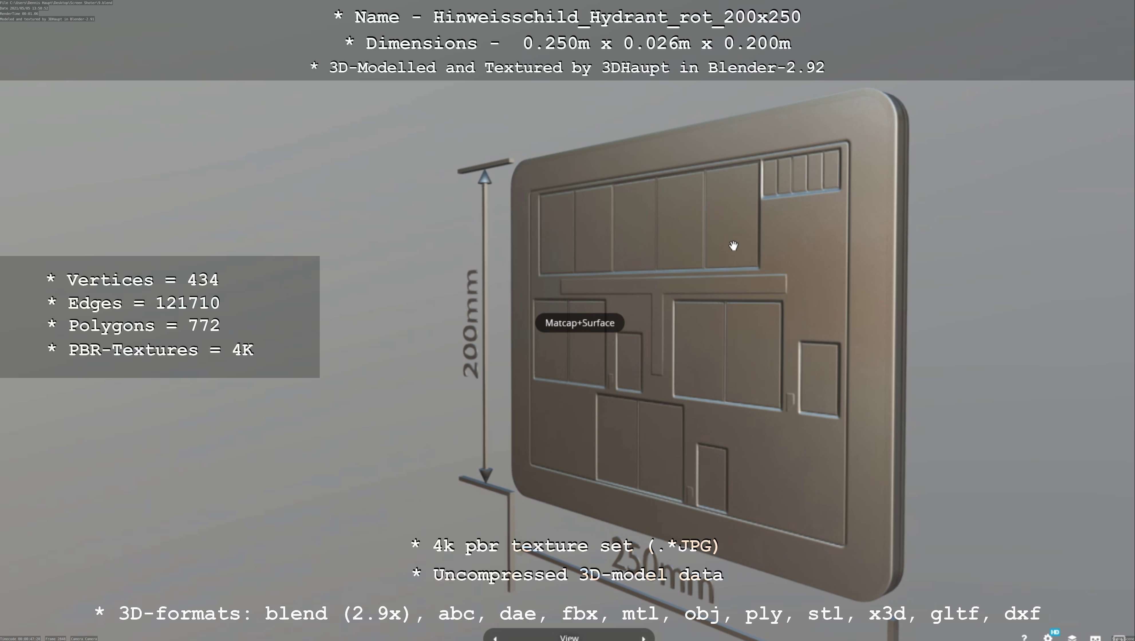 Hinweisschild Hydrant rot 200x250mm Low-poly 3D model_23
