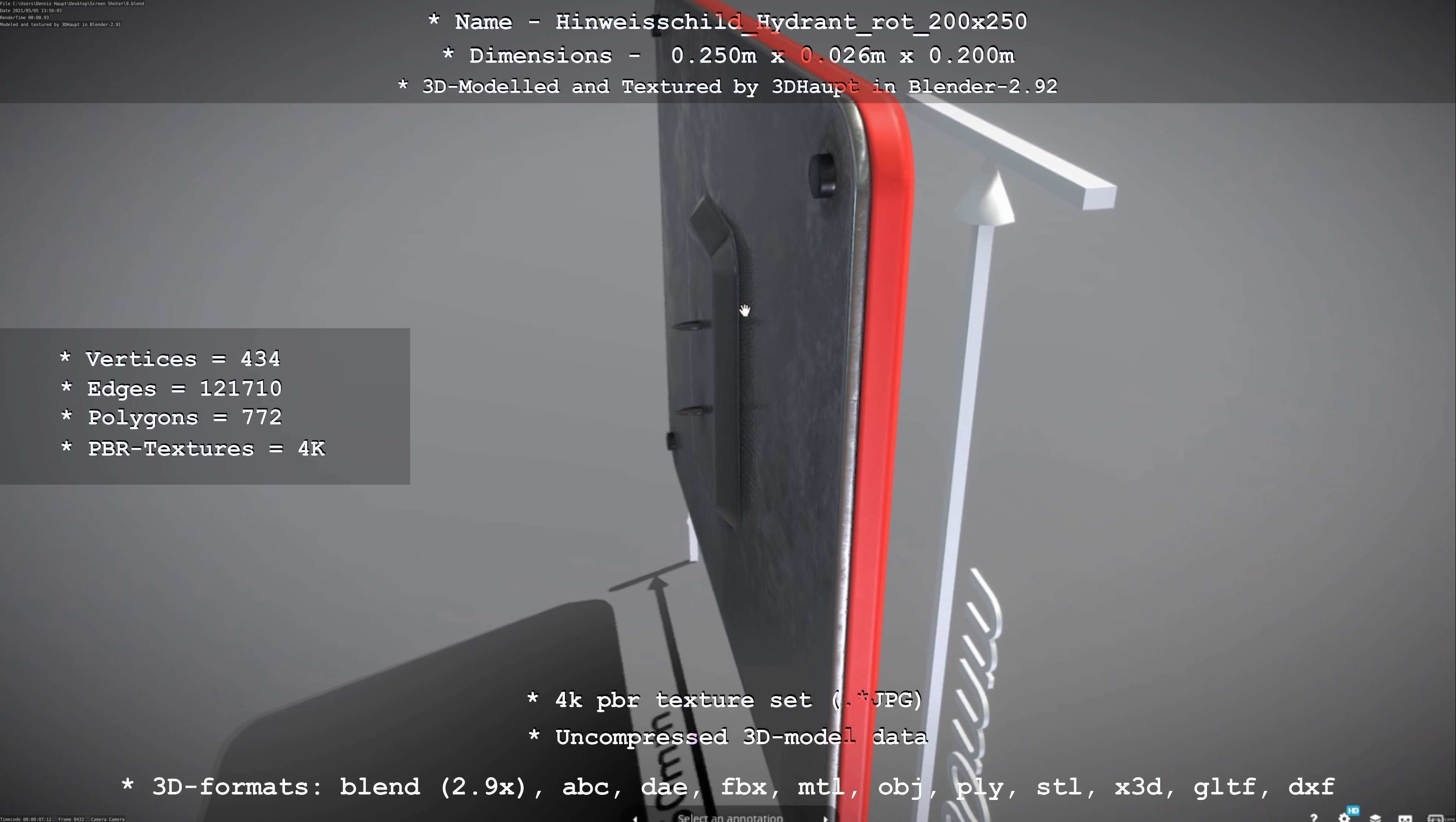 Hinweisschild Hydrant rot 200x250mm Low-poly 3D model_82