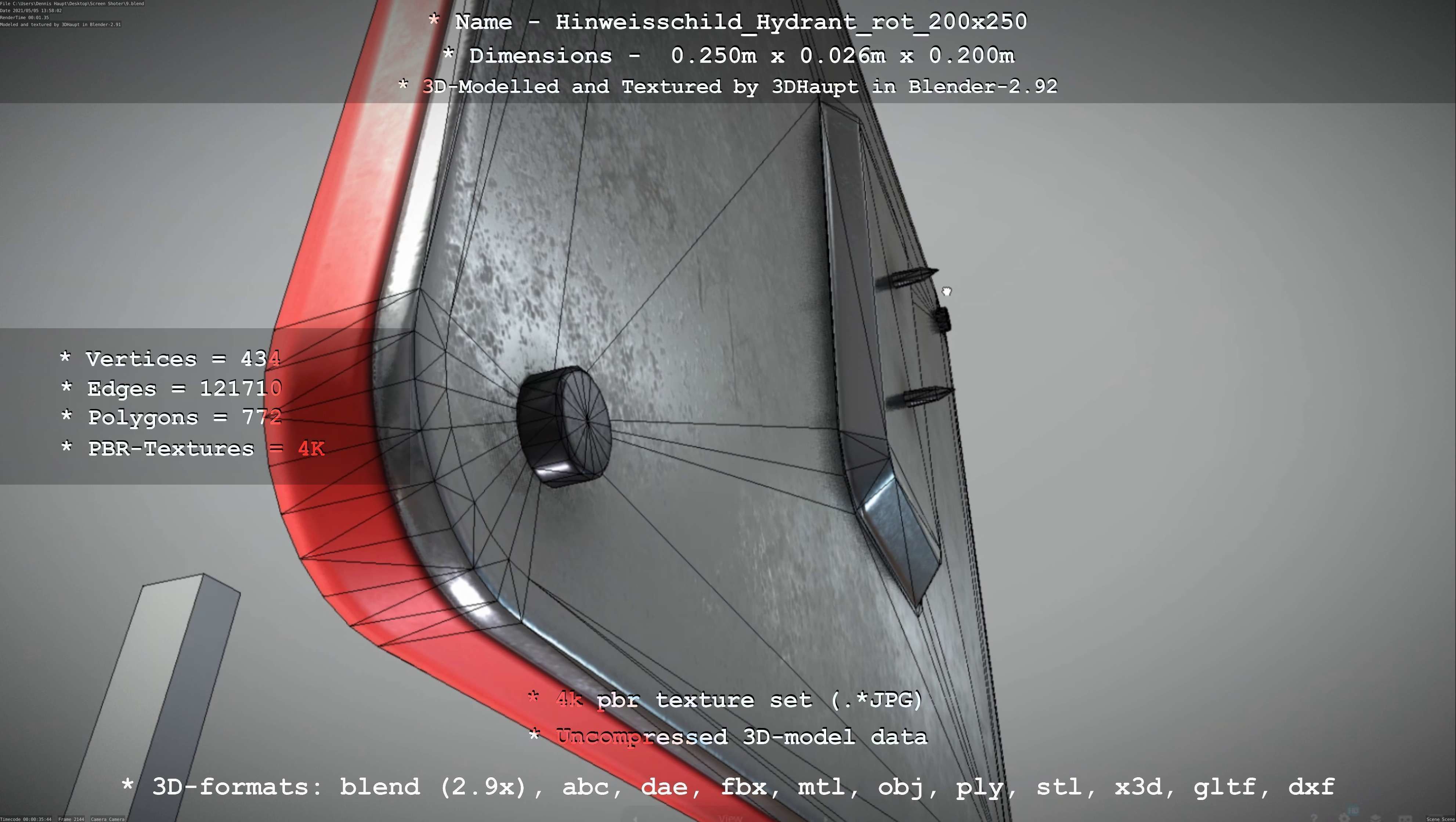 Hinweisschild Hydrant rot 200x250mm Low-poly 3D model_44