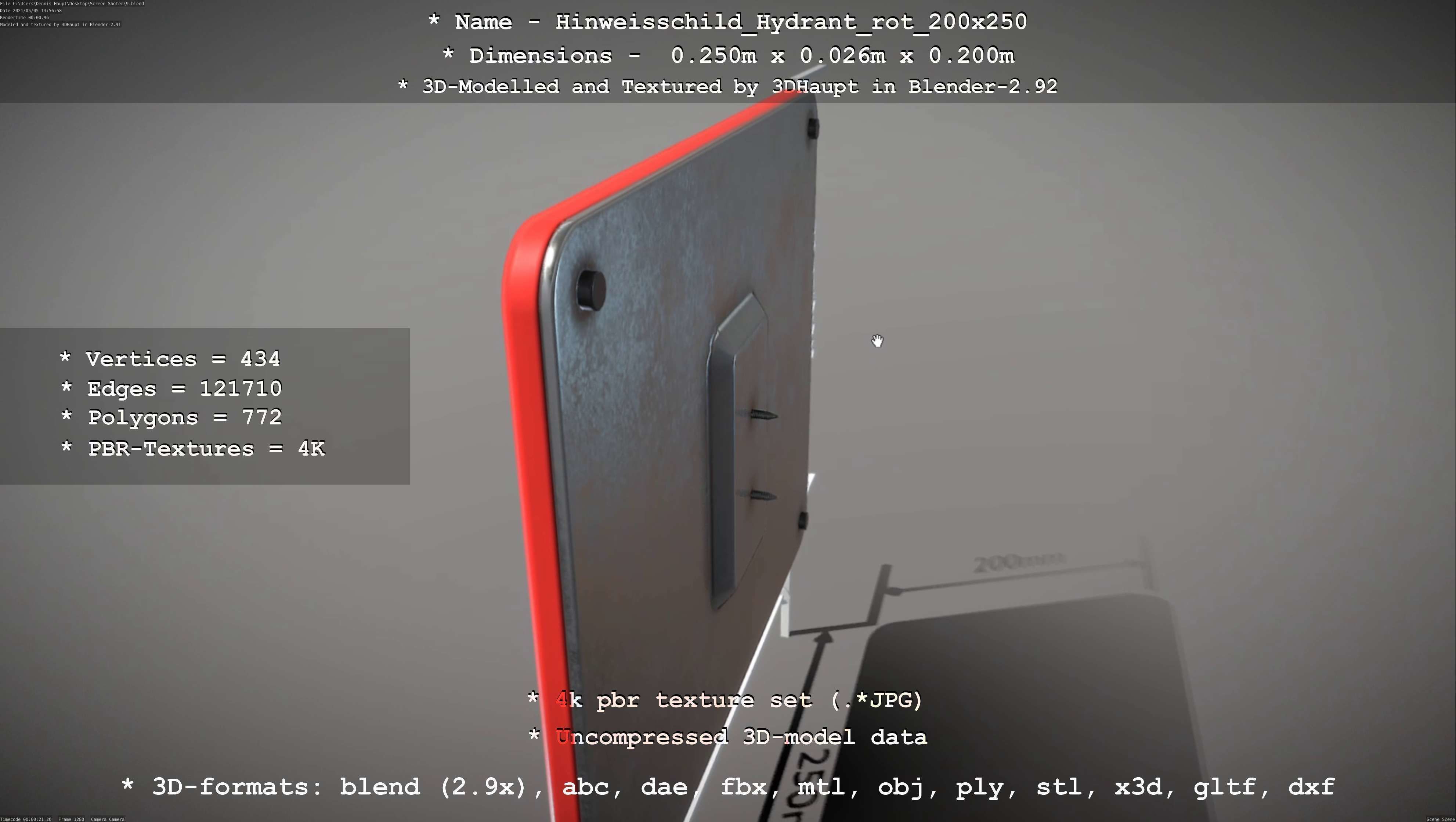 Hinweisschild Hydrant rot 200x250mm Low-poly 3D model_95