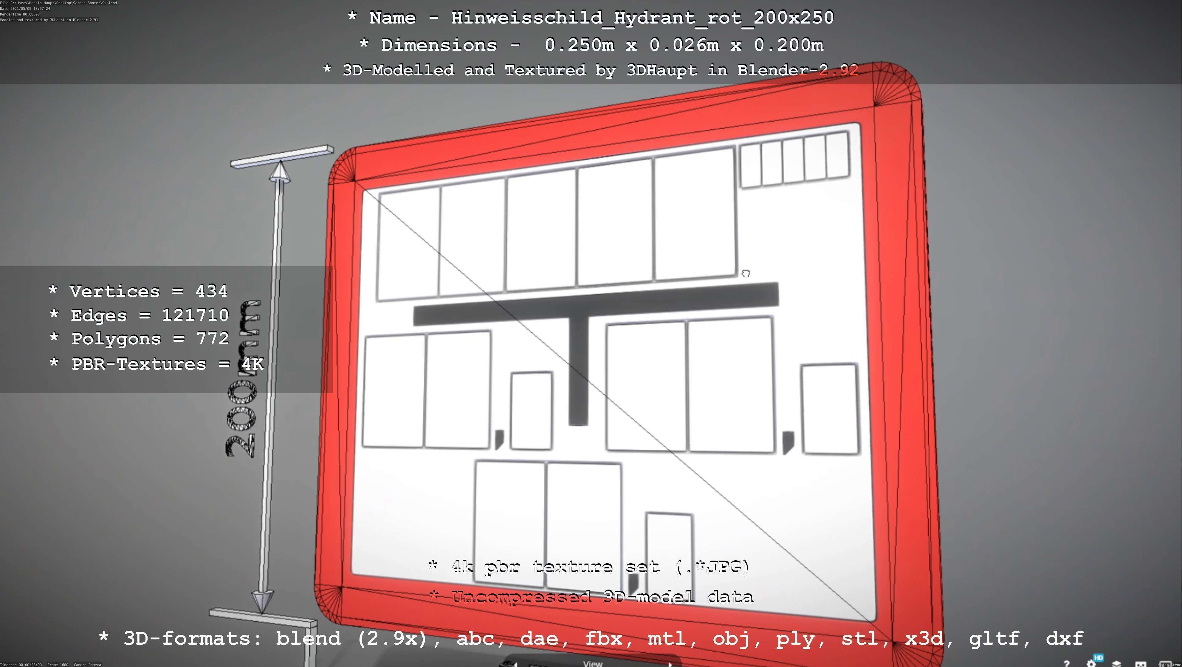 Hinweisschild Hydrant rot 200x250mm Low-poly 3D model_102