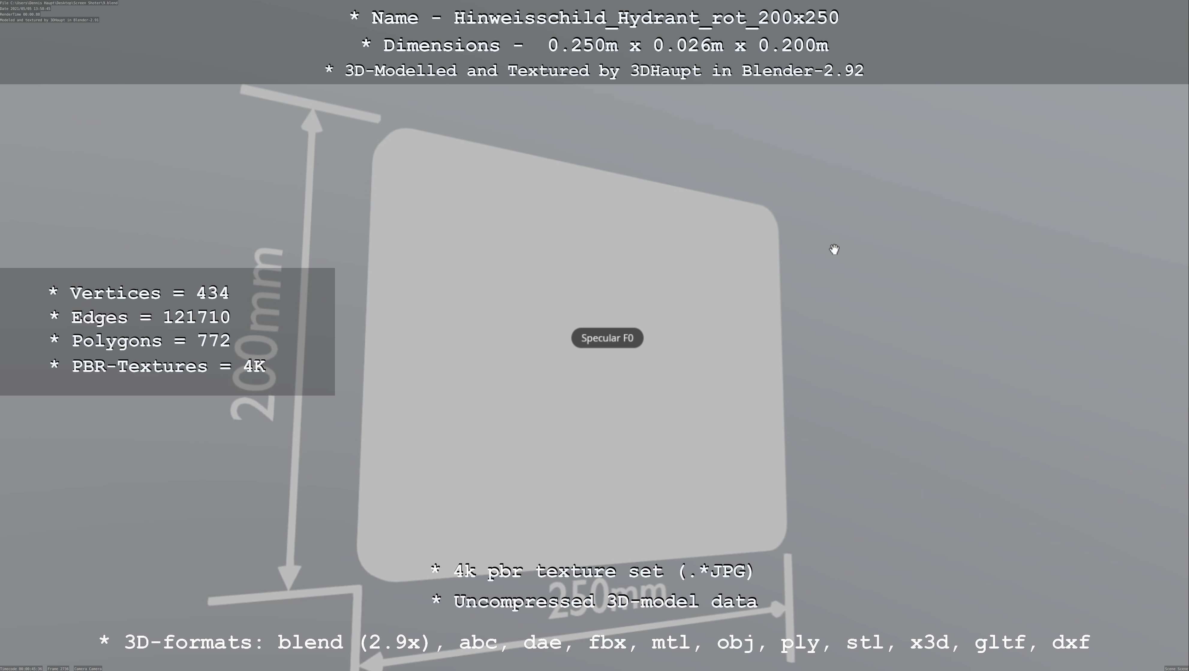 Hinweisschild Hydrant rot 200x250mm Low-poly 3D model_22