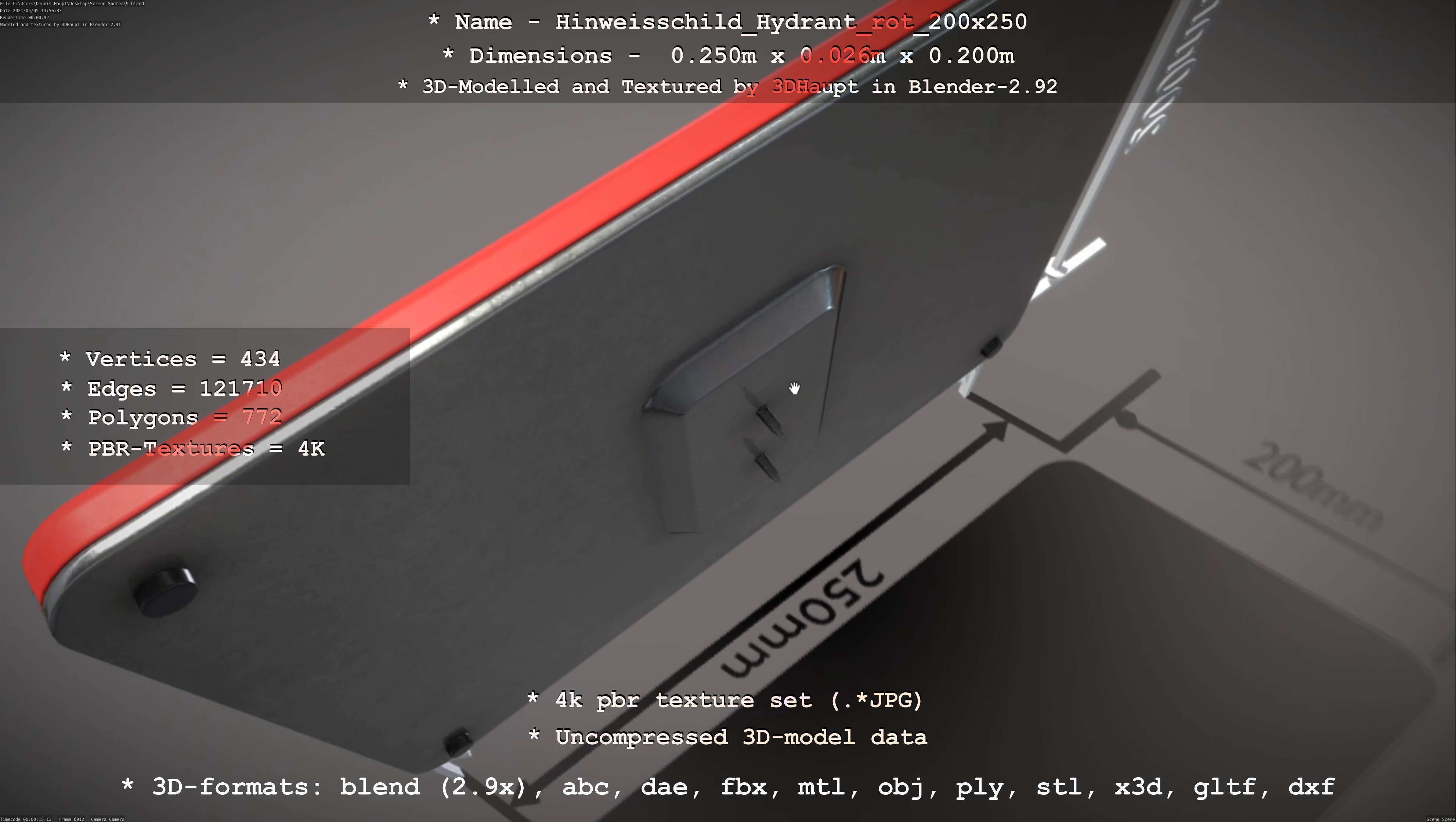 Hinweisschild Hydrant rot 200x250mm Low-poly 3D model_2