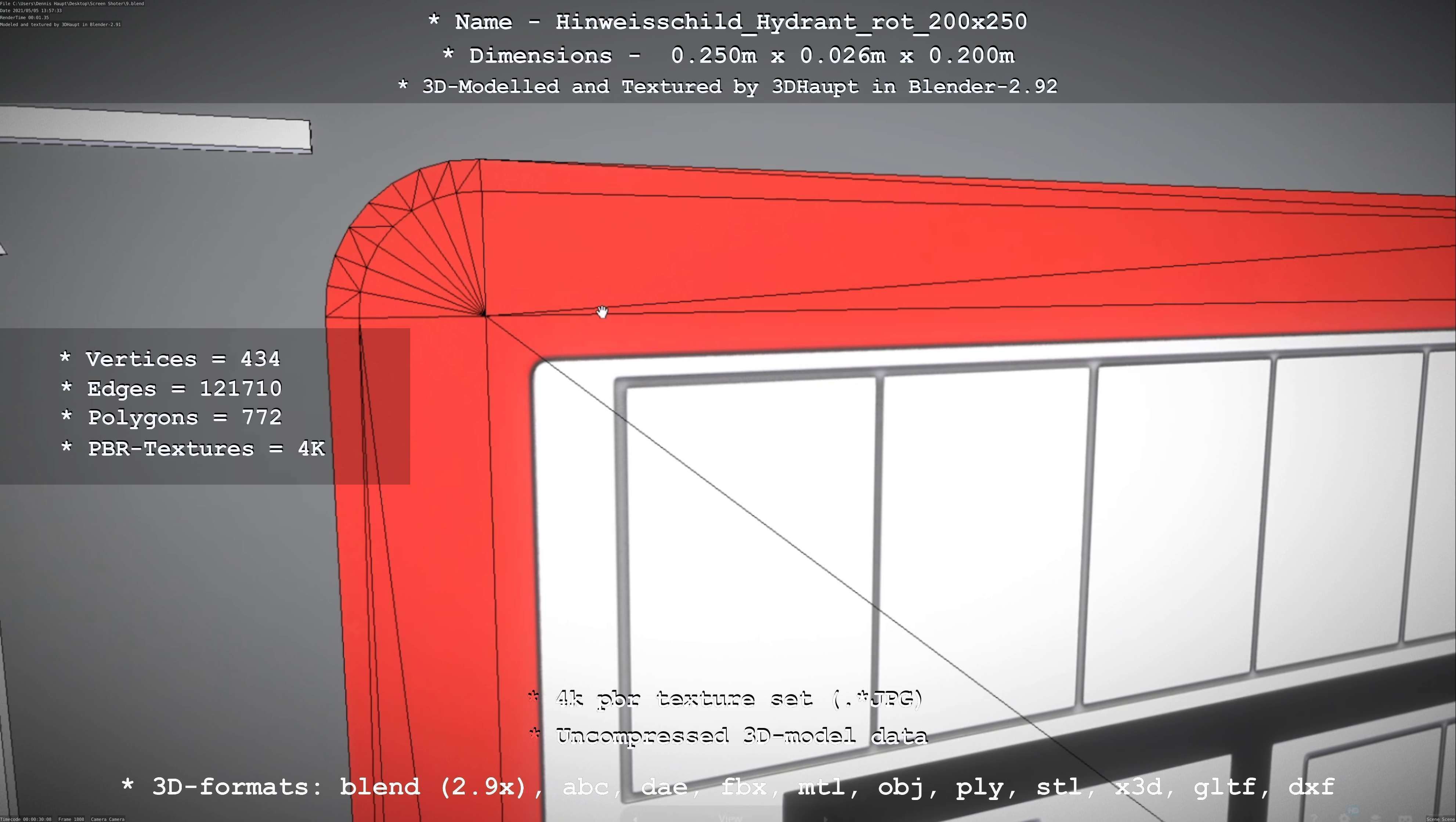 Hinweisschild Hydrant rot 200x250mm Low-poly 3D model_15