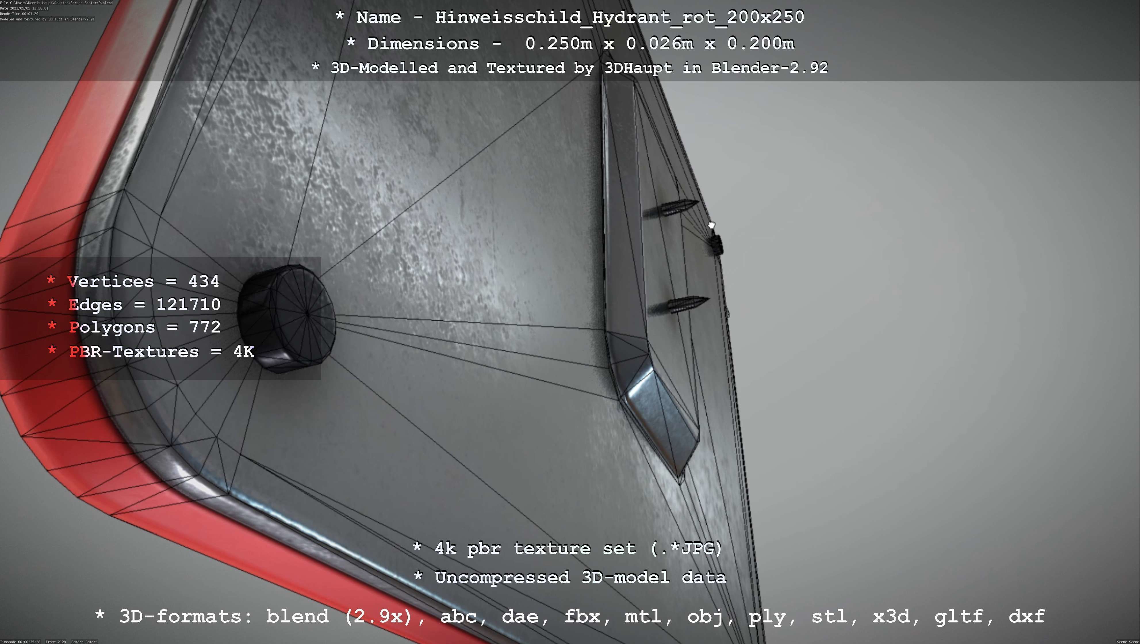 Hinweisschild Hydrant rot 200x250mm Low-poly 3D model_105