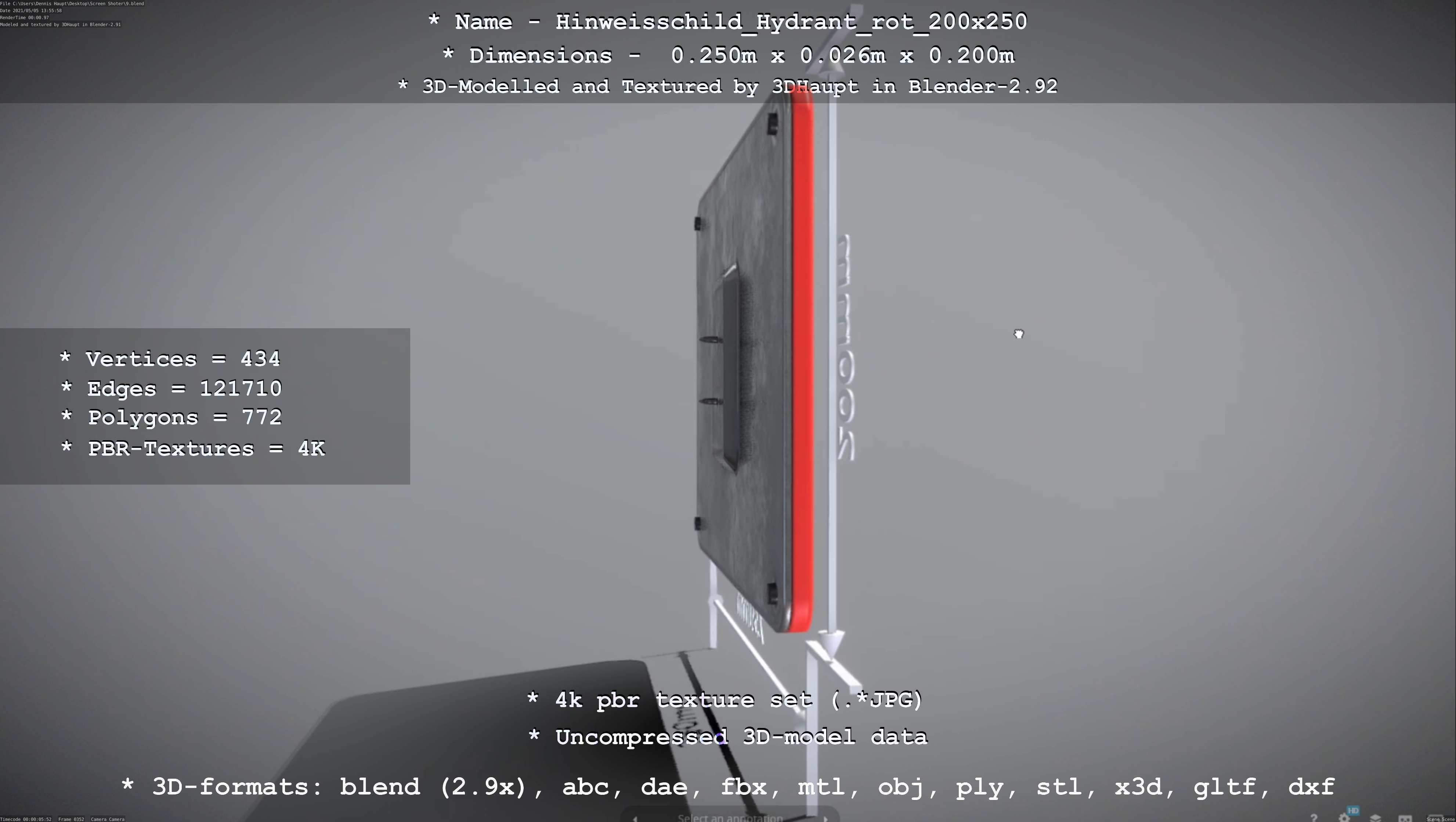 Hinweisschild Hydrant rot 200x250mm Low-poly 3D model_33