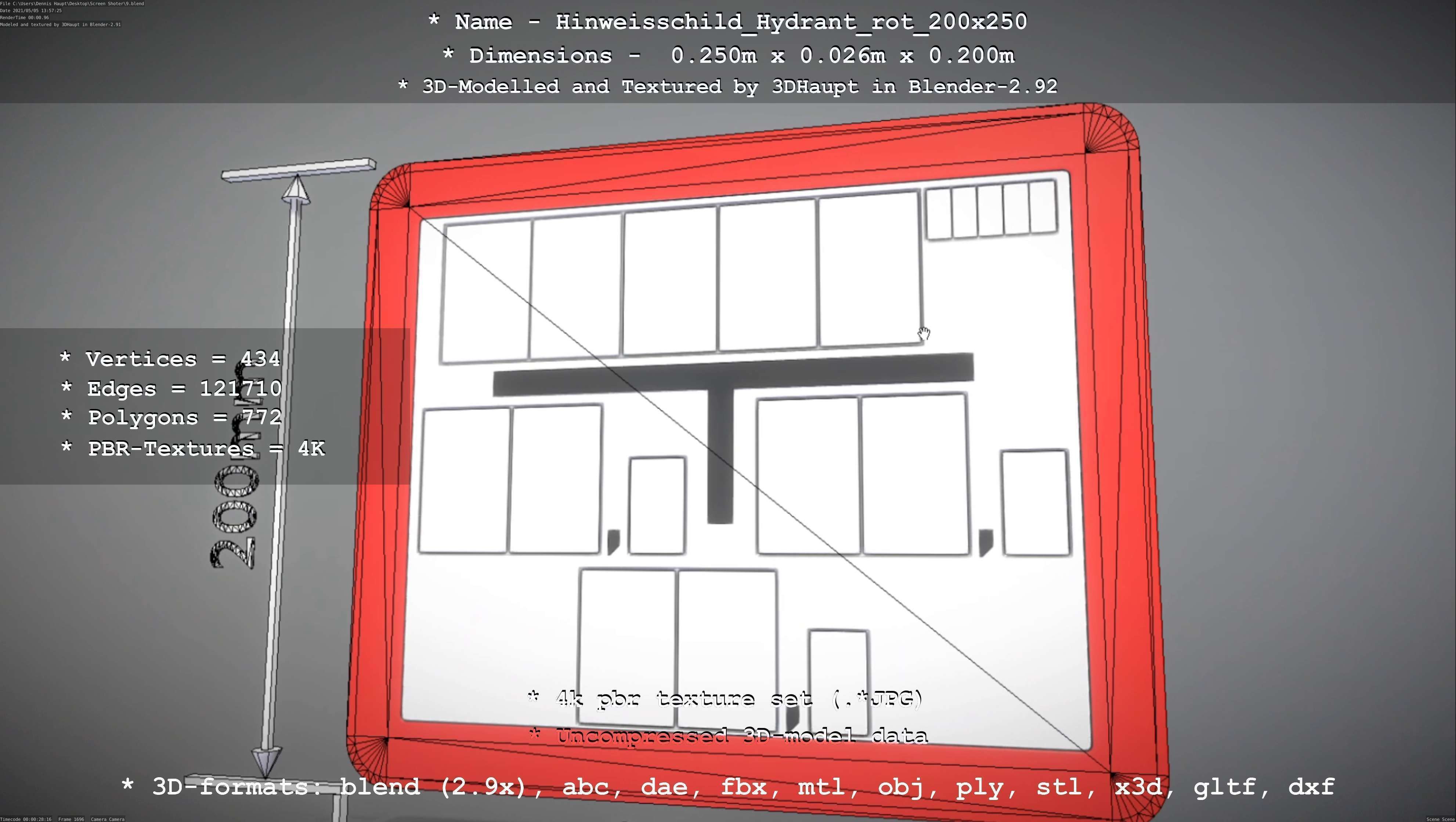 Hinweisschild Hydrant rot 200x250mm Low-poly 3D model_14