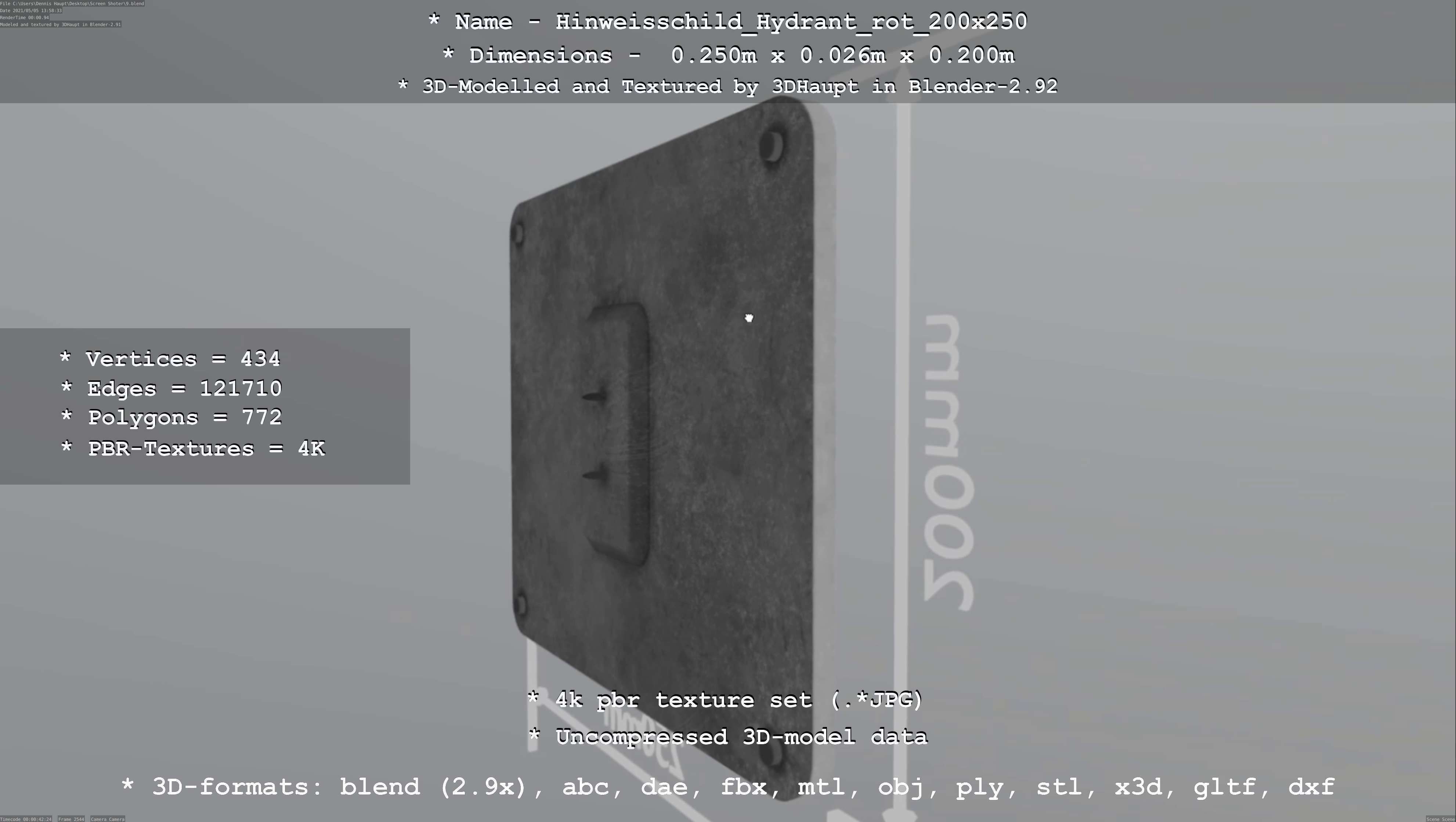 Hinweisschild Hydrant rot 200x250mm Low-poly 3D model_20