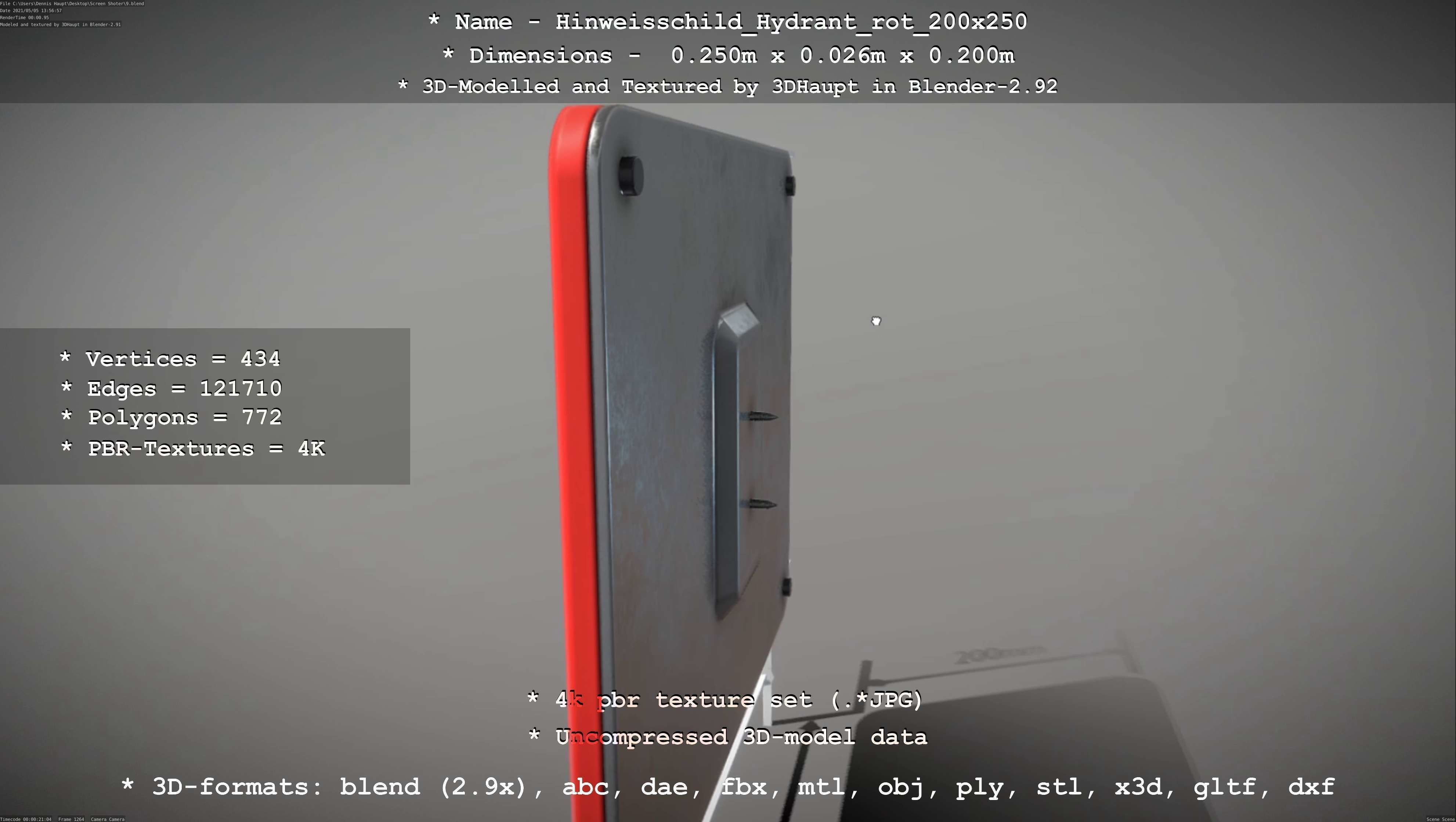 Hinweisschild Hydrant rot 200x250mm Low-poly 3D model_94