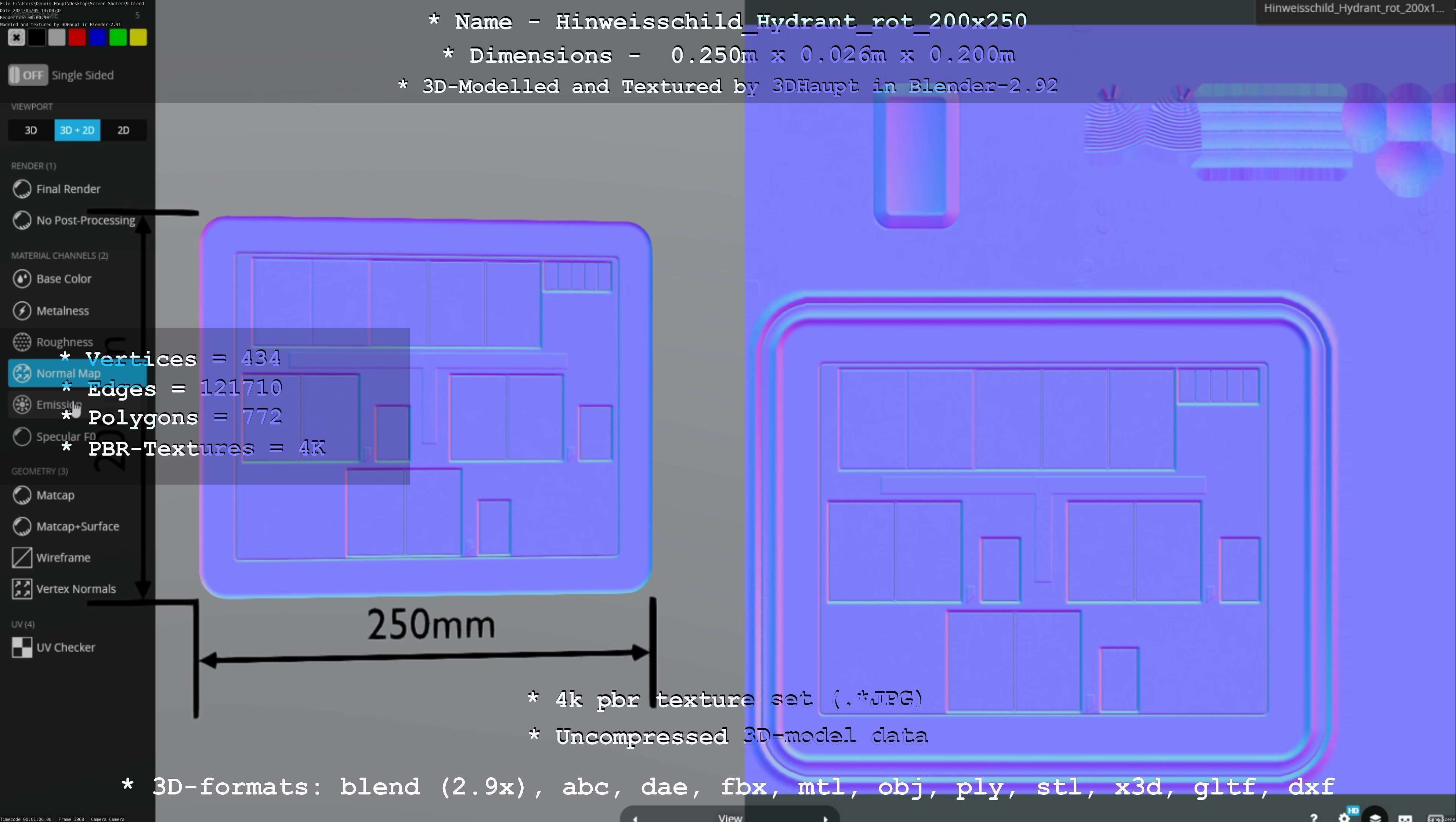 Hinweisschild Hydrant rot 200x250mm Low-poly 3D model_71