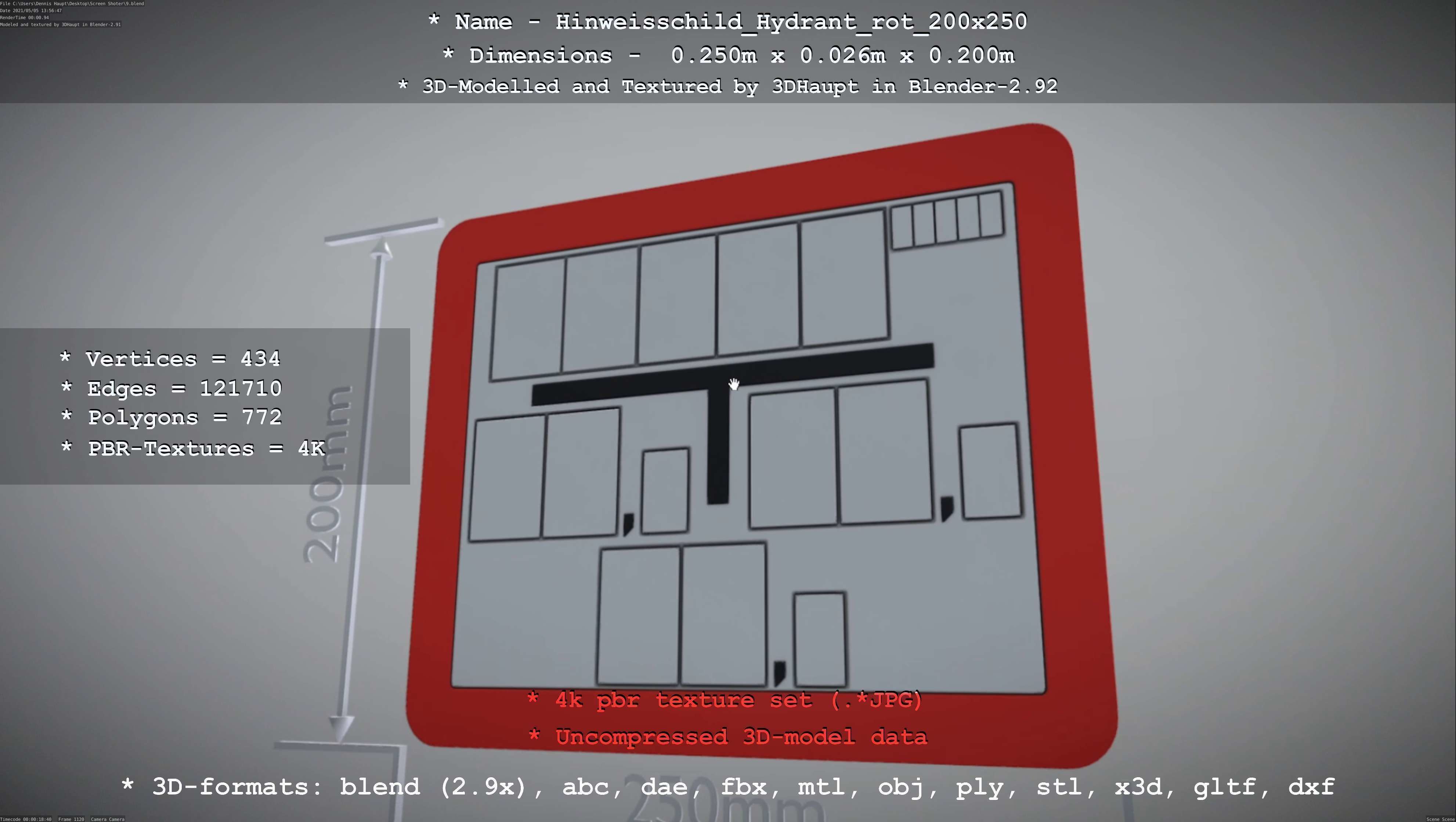 Hinweisschild Hydrant rot 200x250mm Low-poly 3D model_8