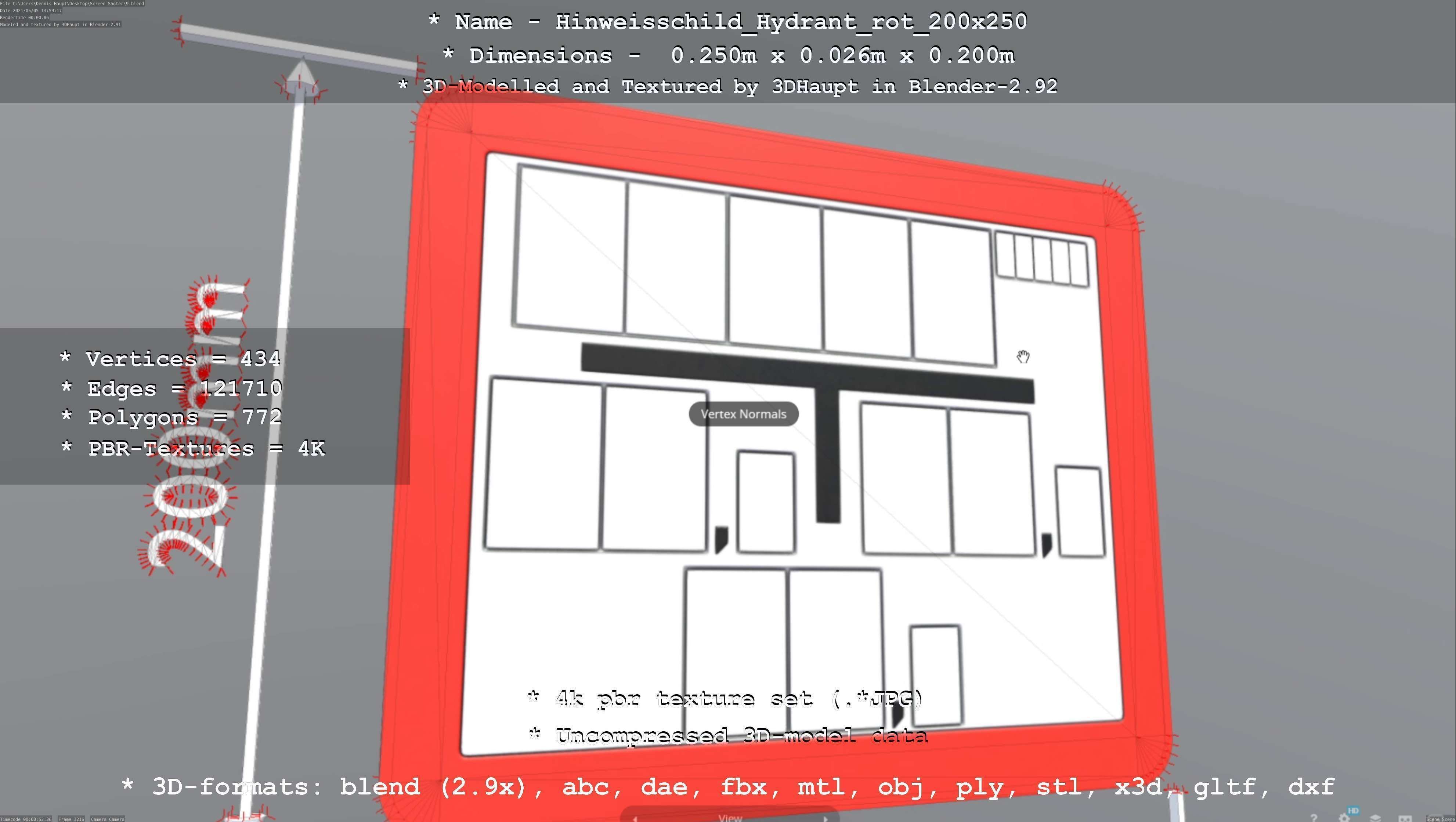 Hinweisschild Hydrant rot 200x250mm Low-poly 3D model_28