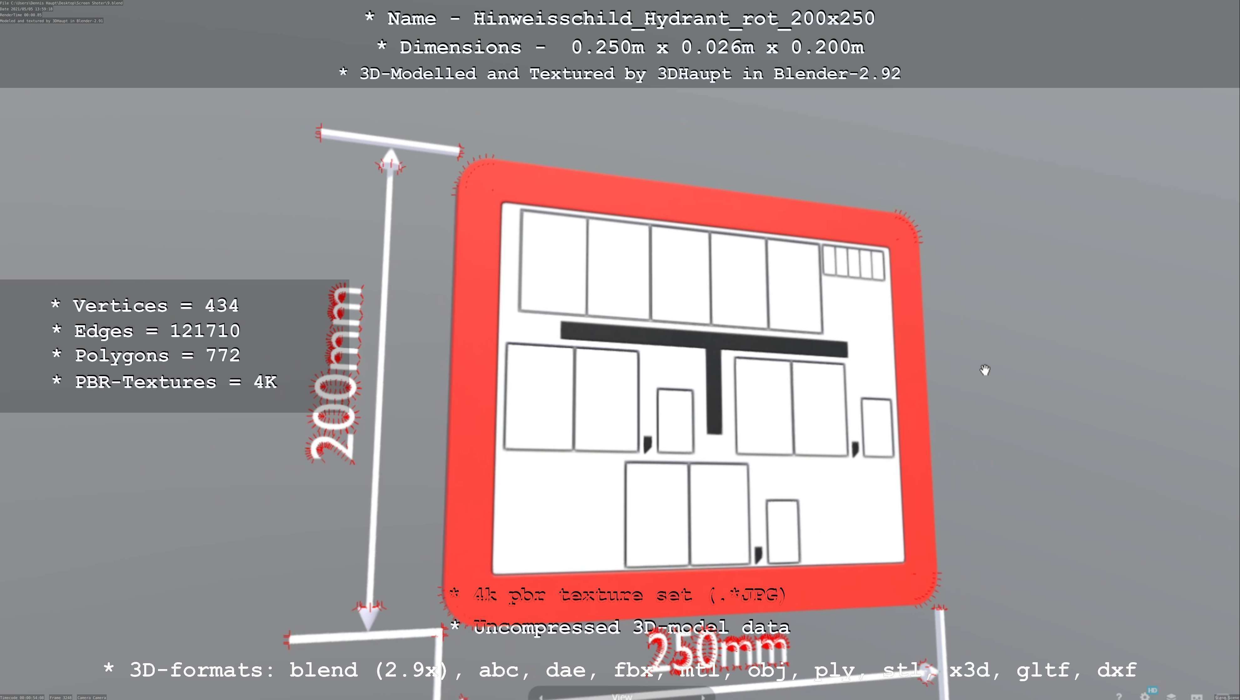 Hinweisschild Hydrant rot 200x250mm Low-poly 3D model_59