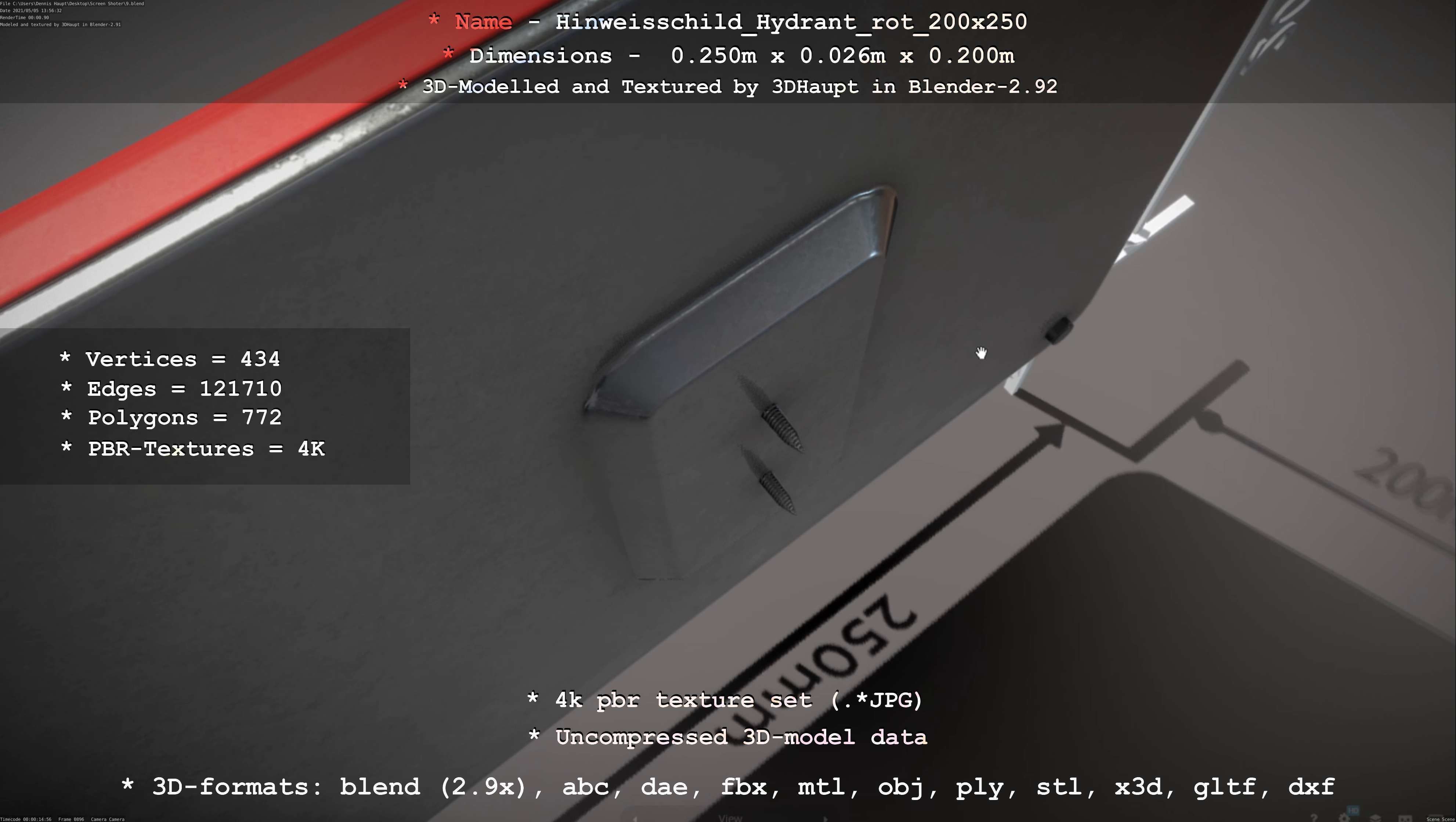 Hinweisschild Hydrant rot 200x250mm Low-poly 3D model_91