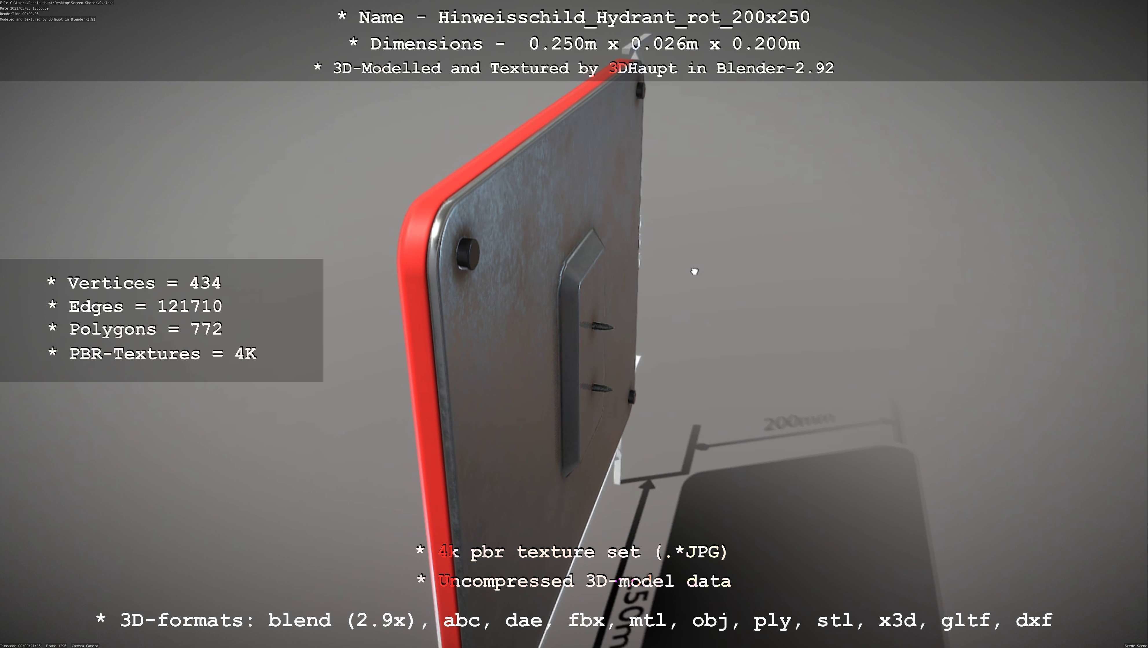 Hinweisschild Hydrant rot 200x250mm Low-poly 3D model_96