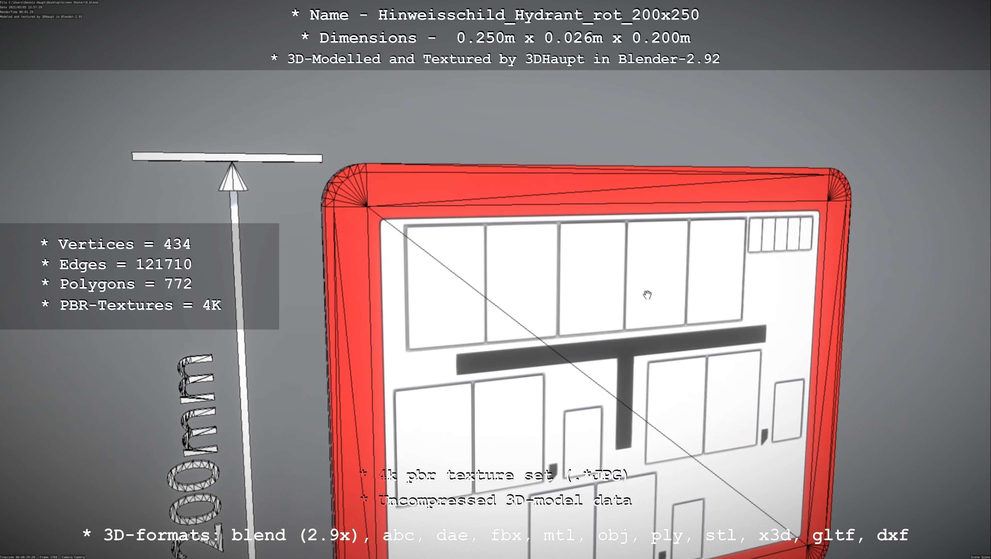 Hinweisschild Hydrant rot 200x250mm Low-poly 3D model_76