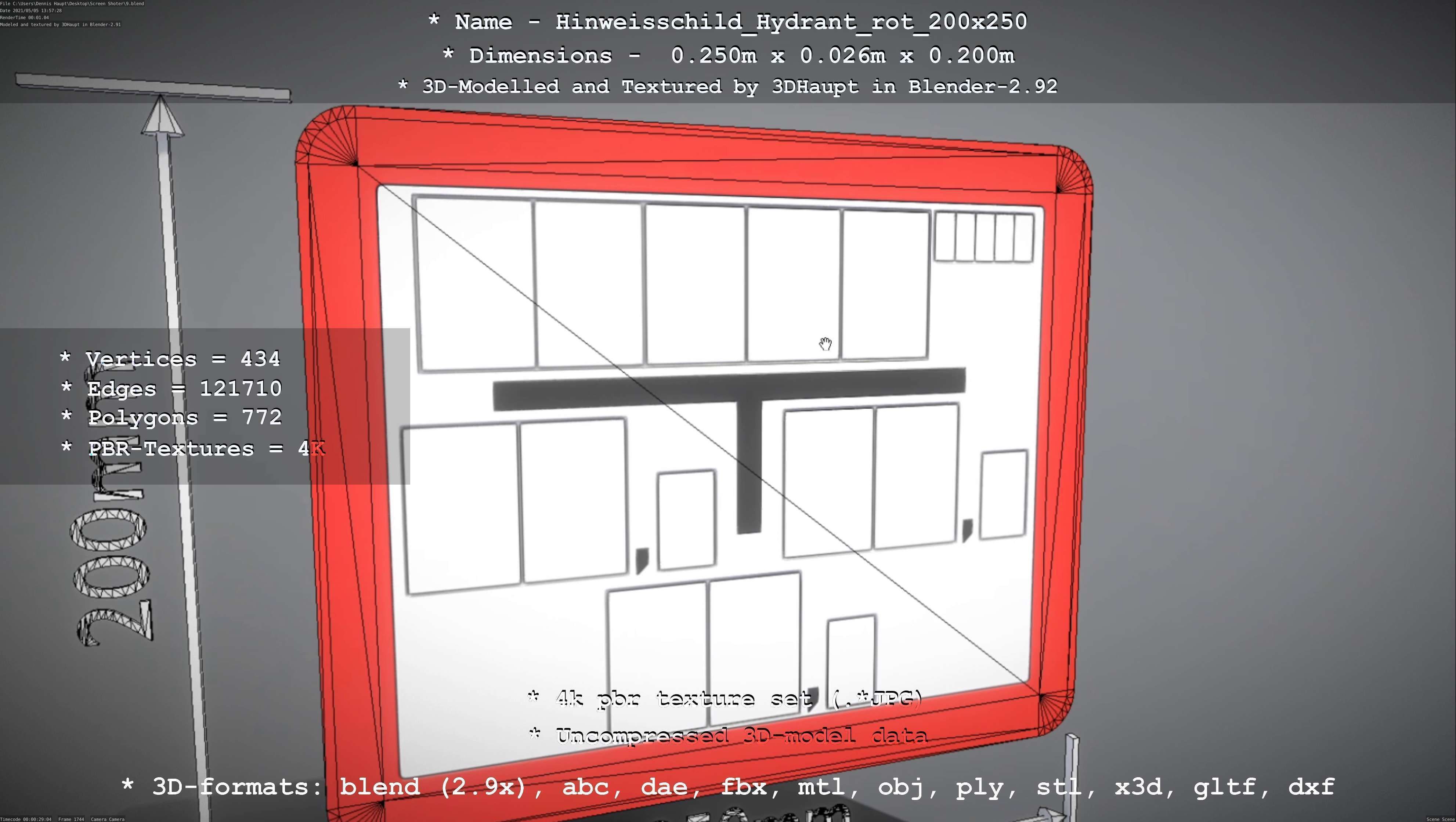 Hinweisschild Hydrant rot 200x250mm Low-poly 3D model_65