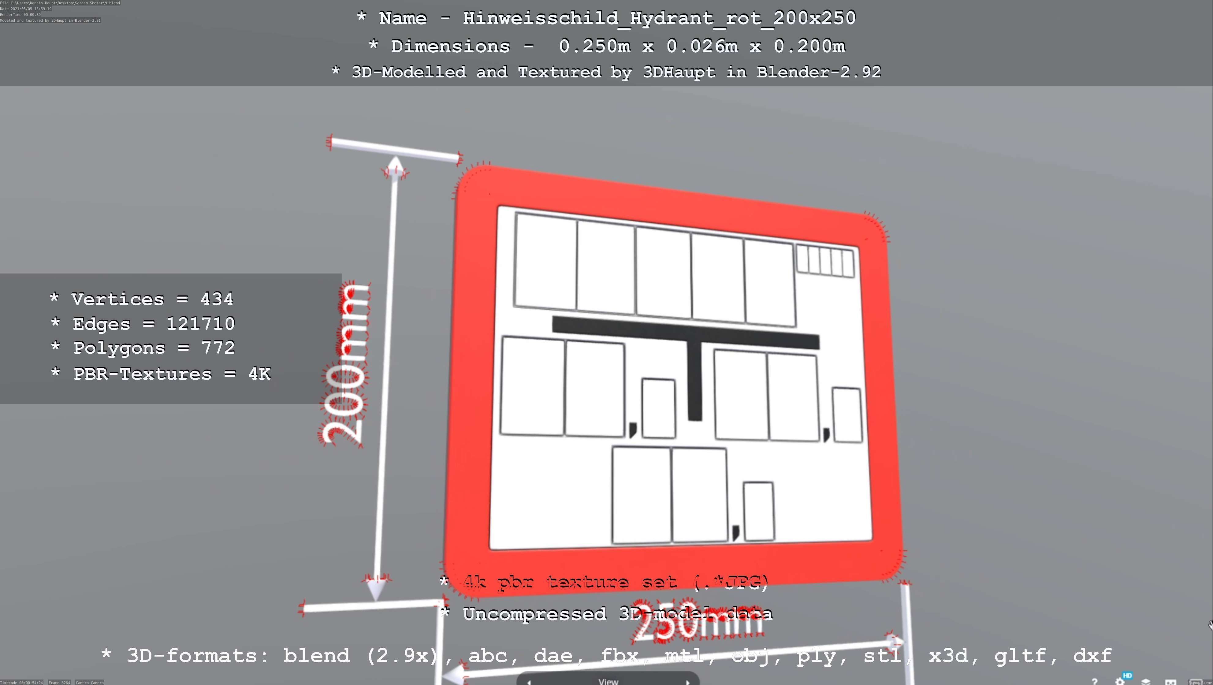 Hinweisschild Hydrant rot 200x250mm Low-poly 3D model_60