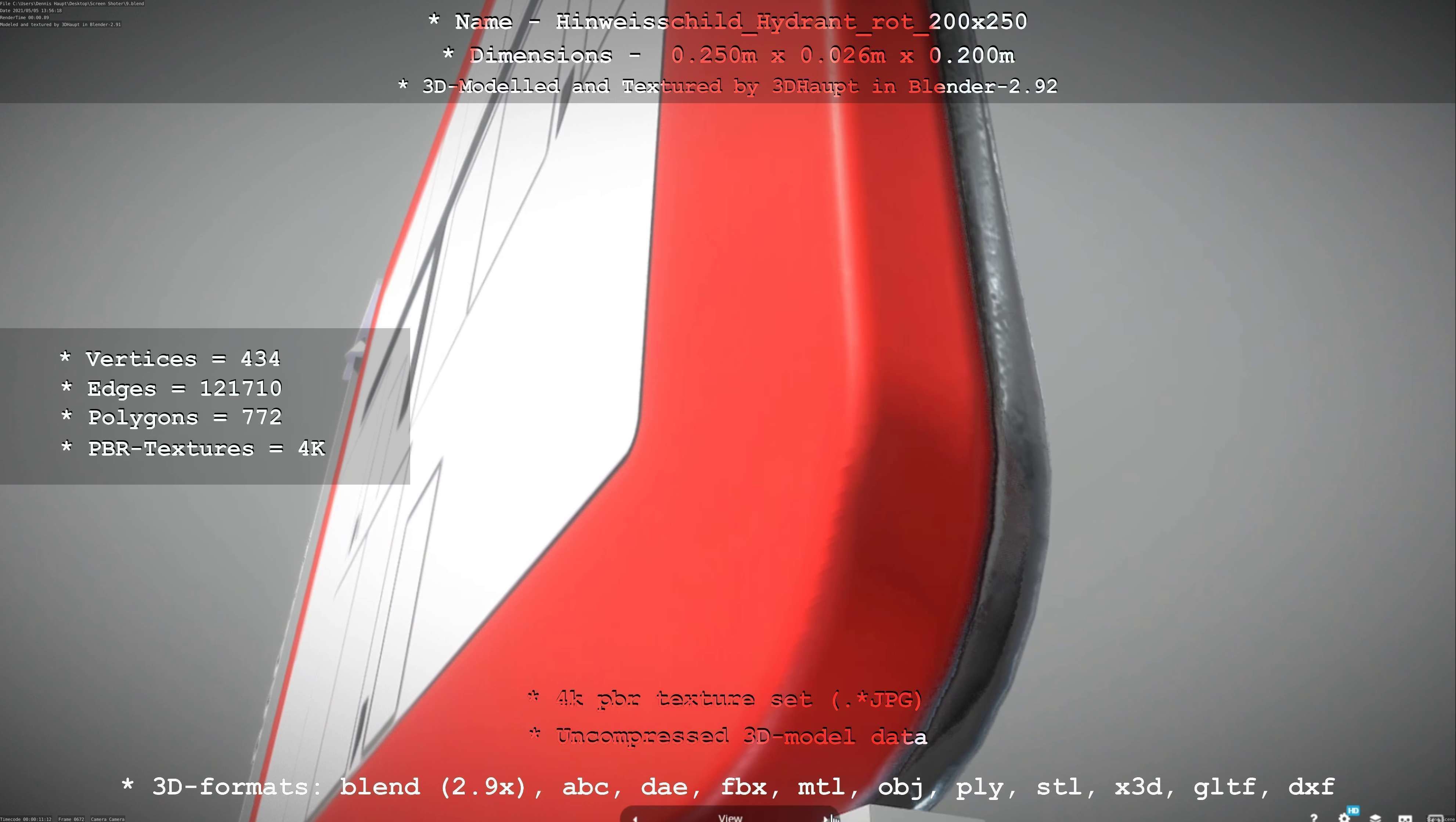 Hinweisschild Hydrant rot 200x250mm Low-poly 3D model_42