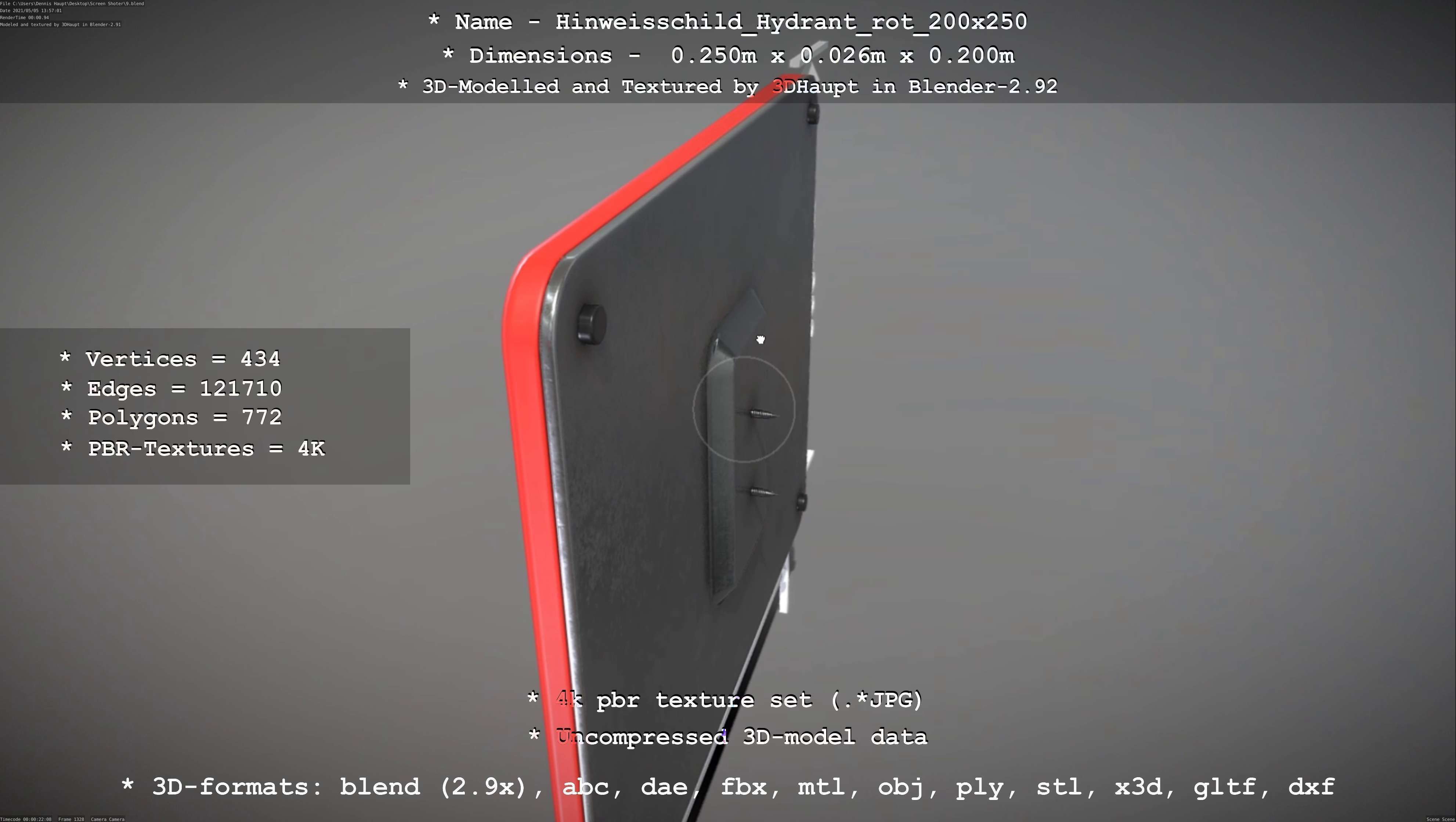 Hinweisschild Hydrant rot 200x250mm Low-poly 3D model_97