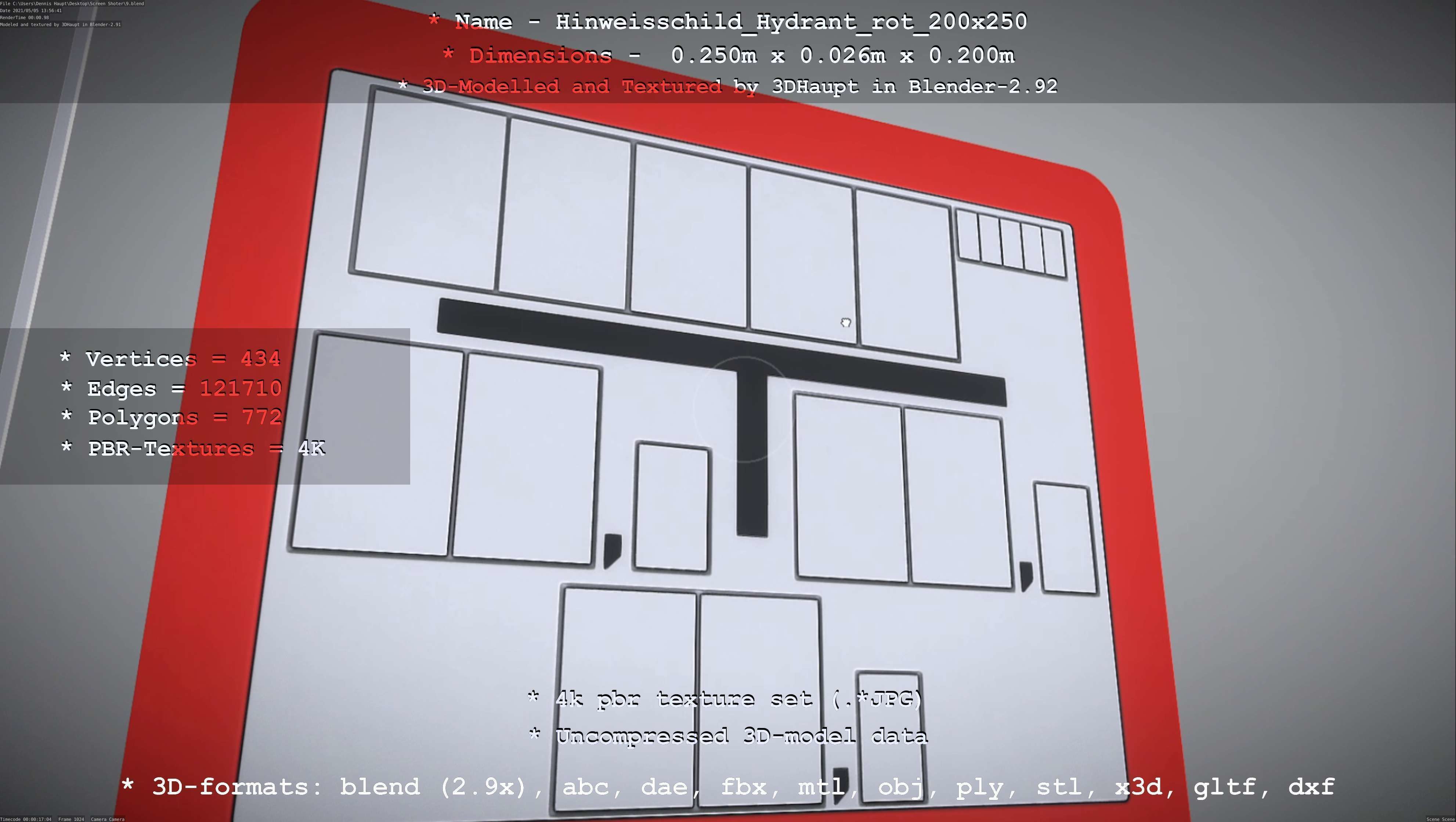 Hinweisschild Hydrant rot 200x250mm Low-poly 3D model_7