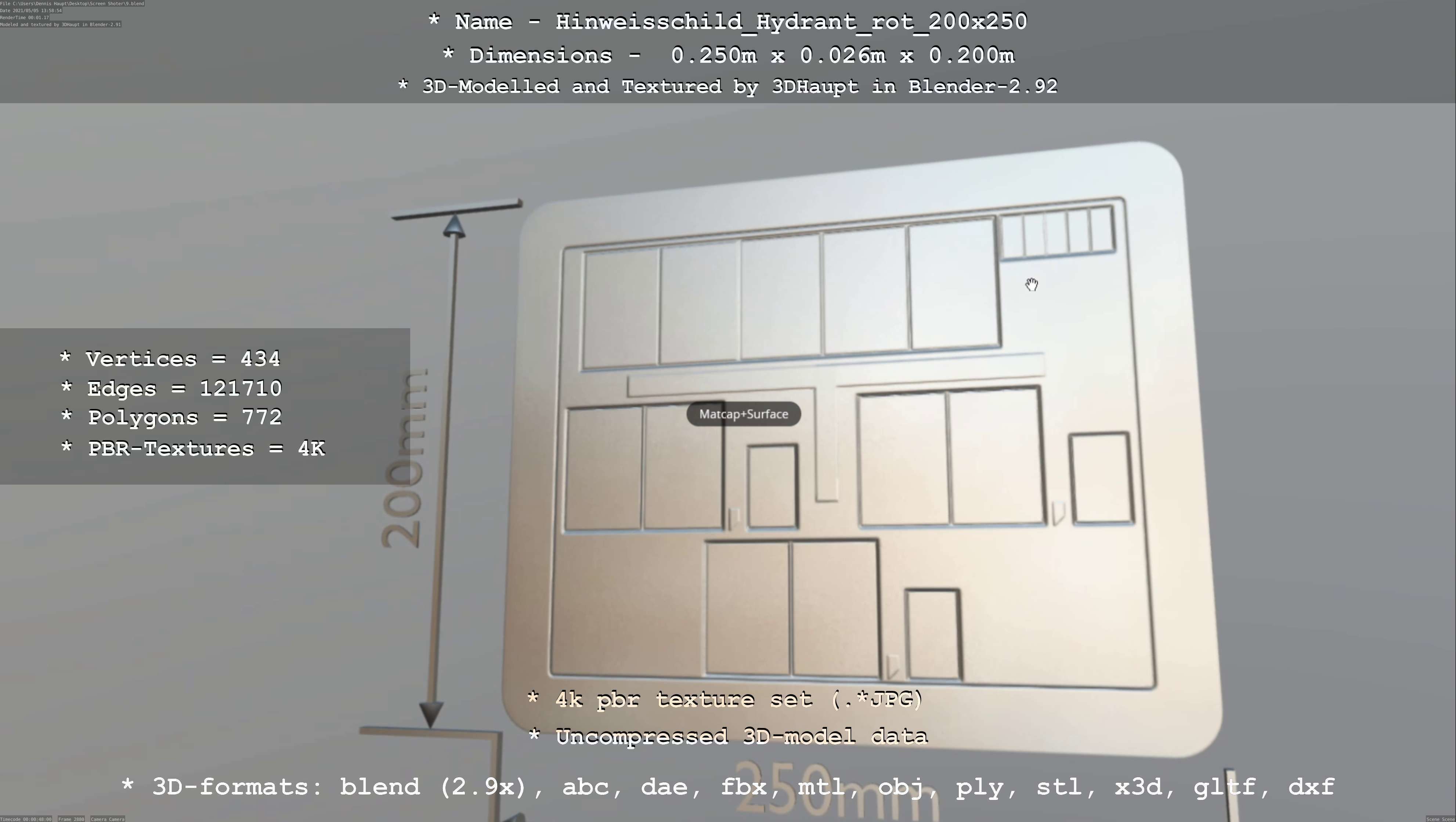 Hinweisschild Hydrant rot 200x250mm Low-poly 3D model_55