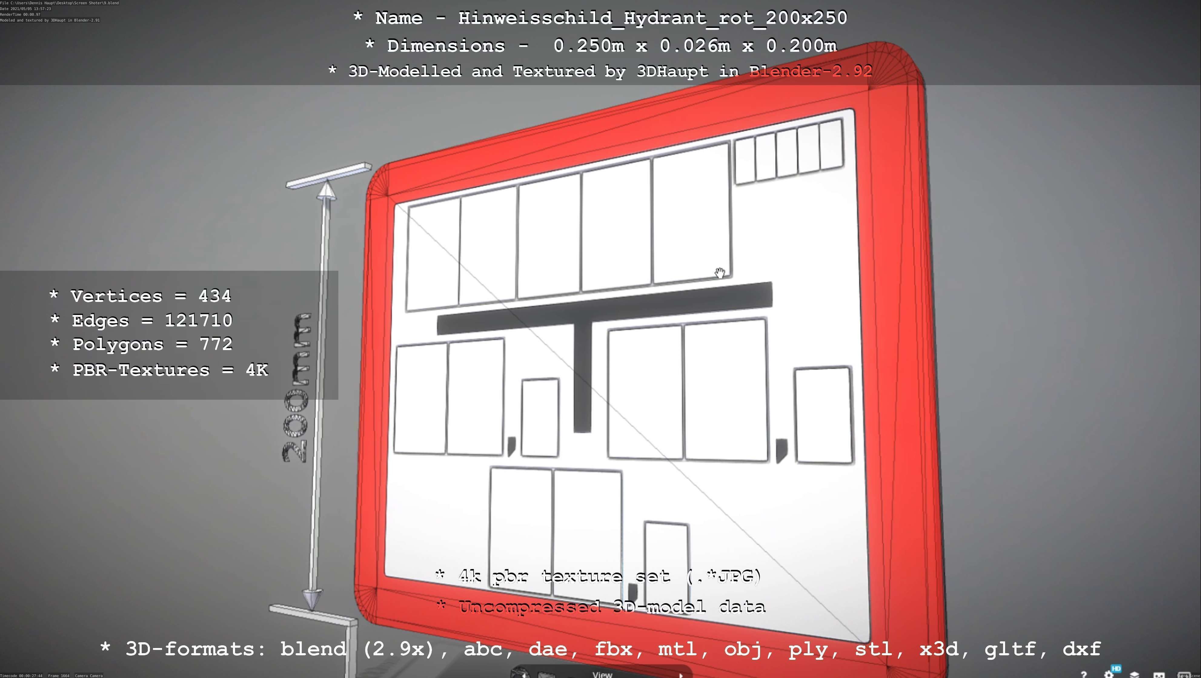 Hinweisschild Hydrant rot 200x250mm Low-poly 3D model_101