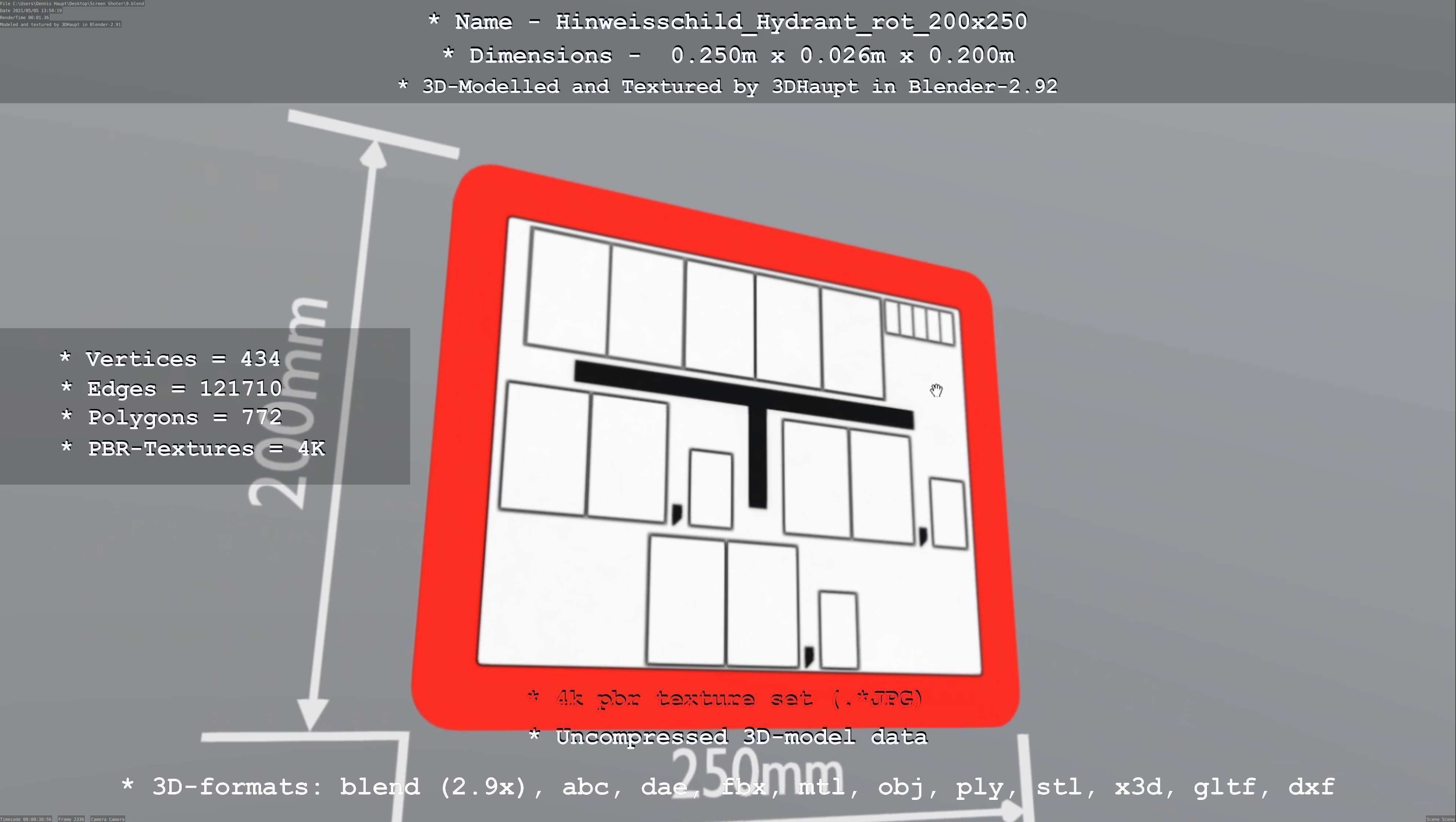 Hinweisschild Hydrant rot 200x250mm Low-poly 3D model_19
