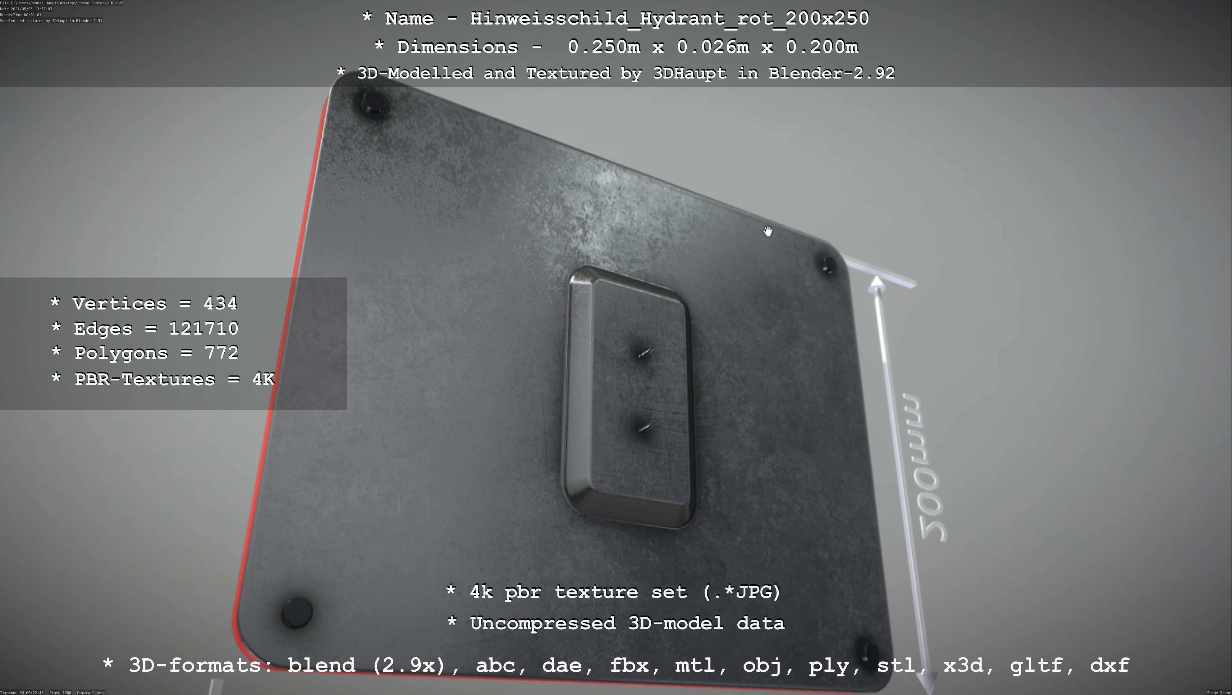 Hinweisschild Hydrant rot 200x250mm Low-poly 3D model_100