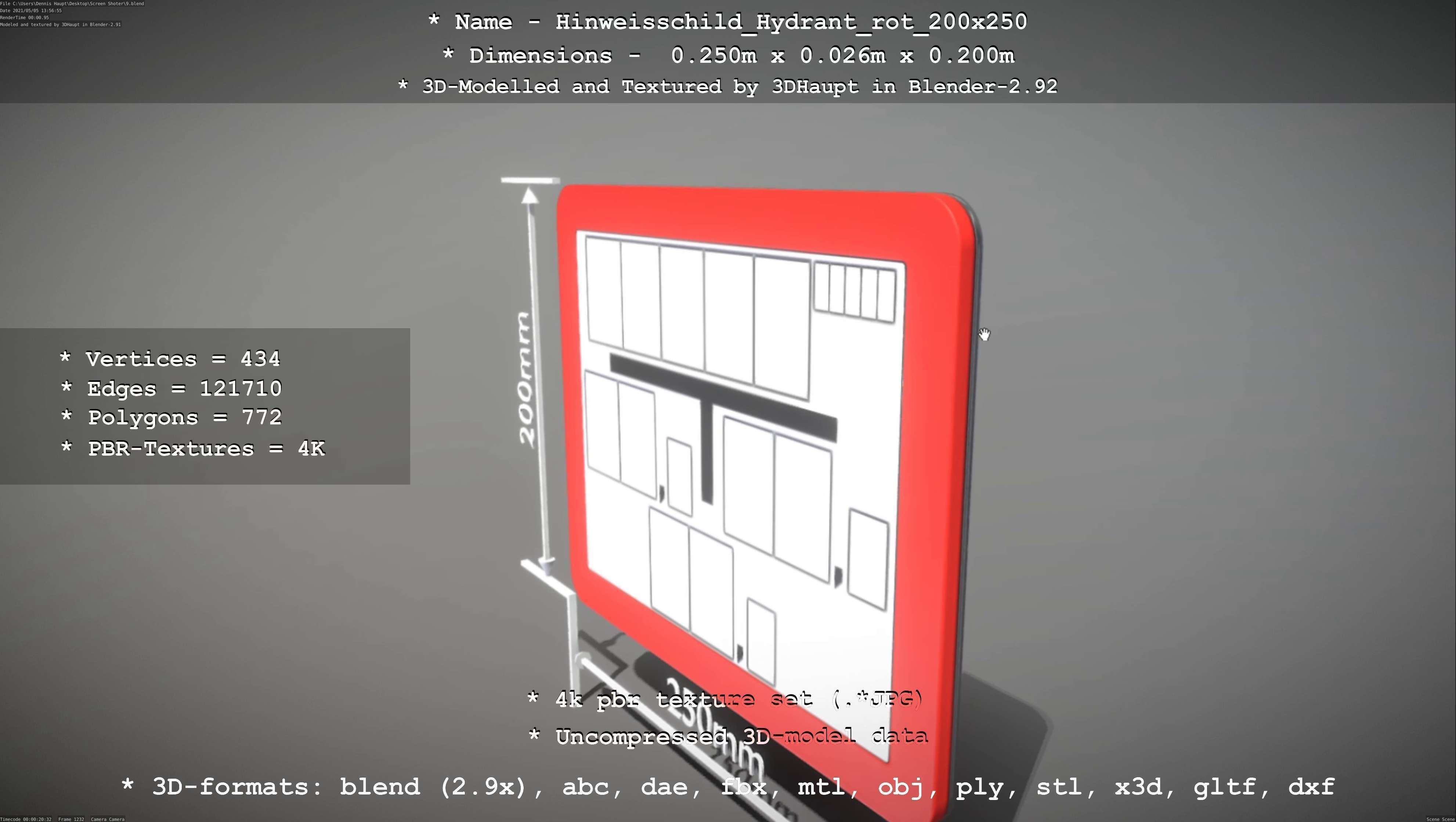Hinweisschild Hydrant rot 200x250mm Low-poly 3D model_9