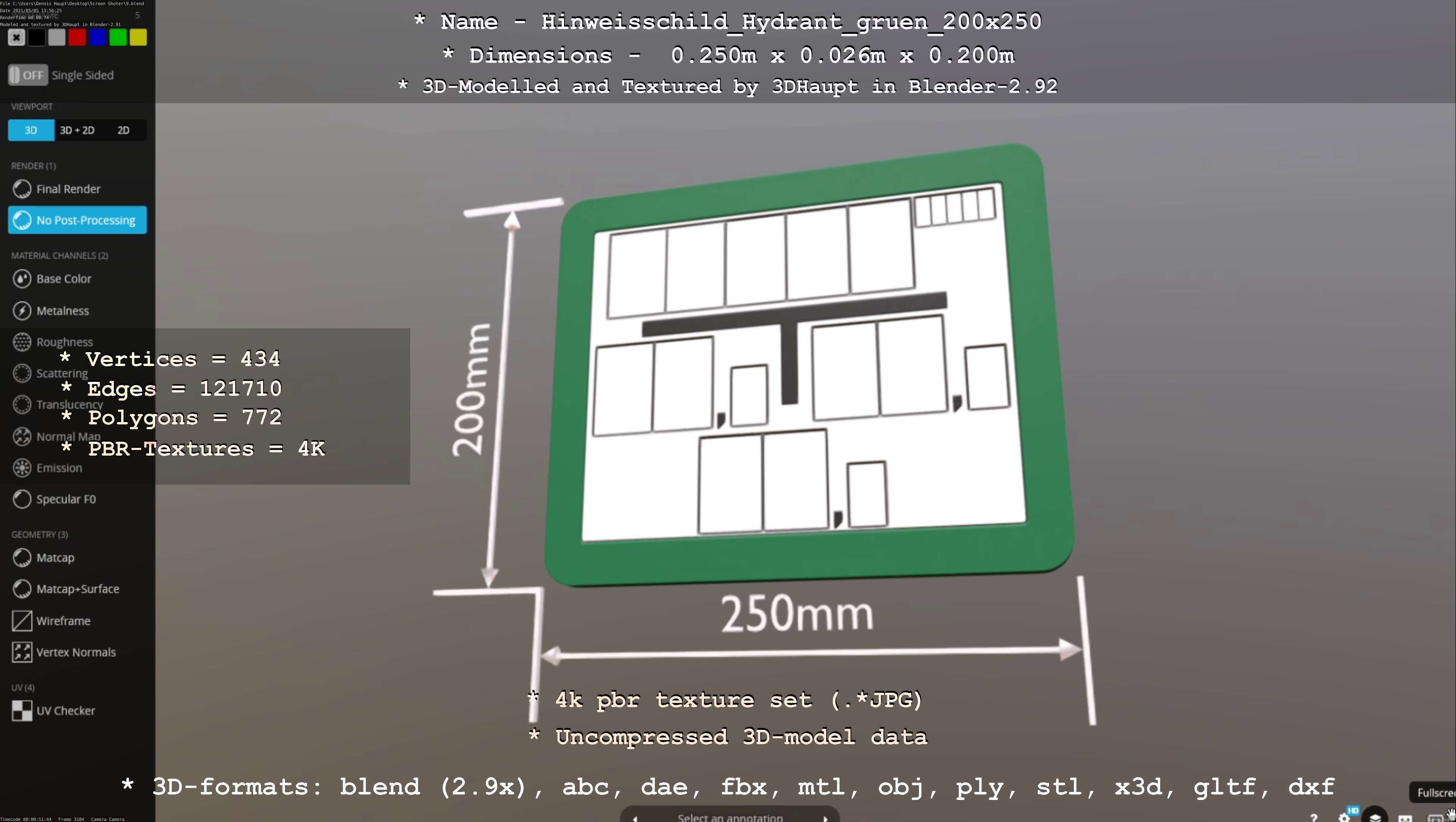 Hinweisschild Hydrant gruen 200x250mm Low-poly 3D model_94