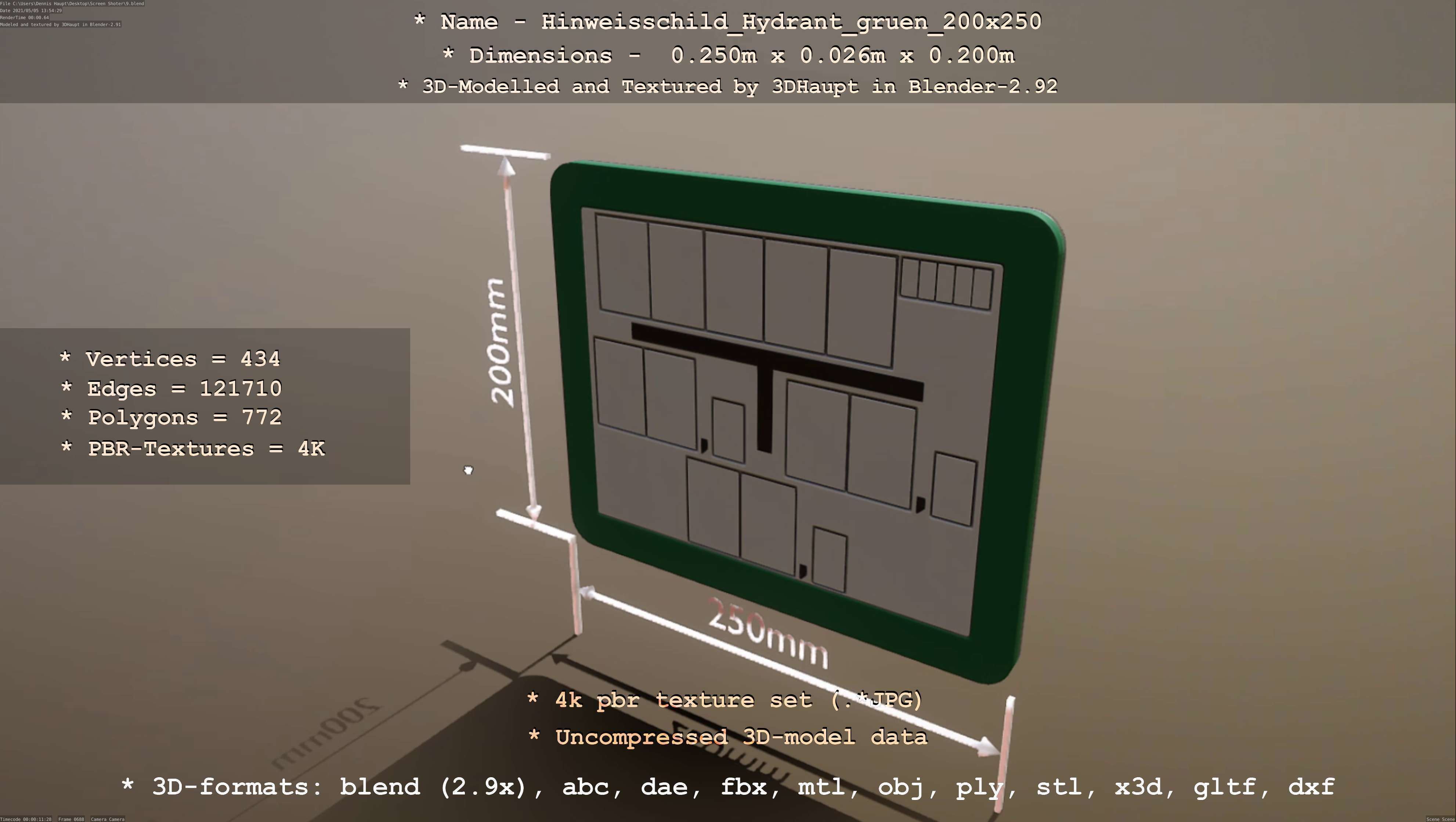 Hinweisschild Hydrant gruen 200x250mm Low-poly 3D model_120