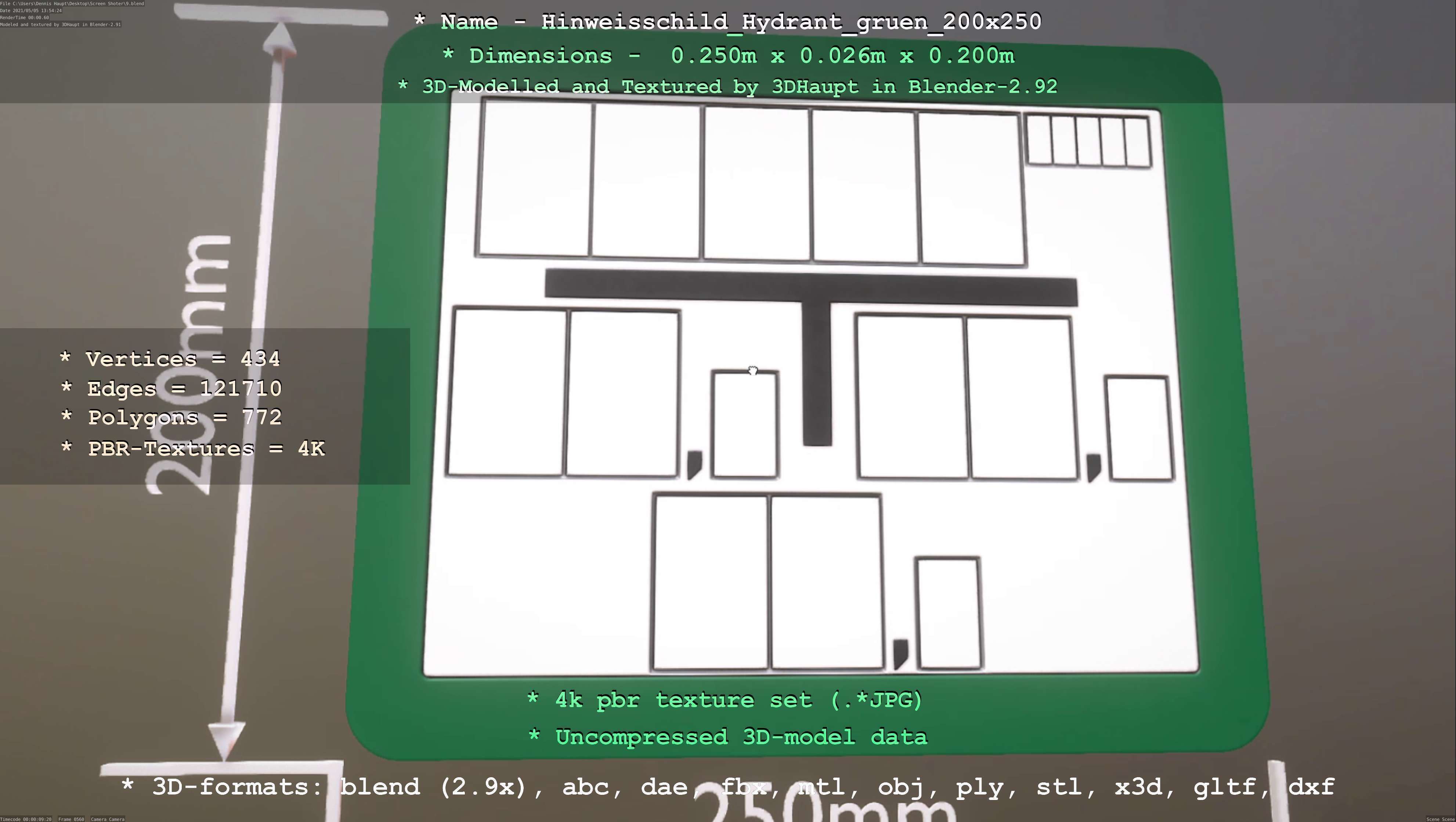 Hinweisschild Hydrant gruen 200x250mm Low-poly 3D model_34