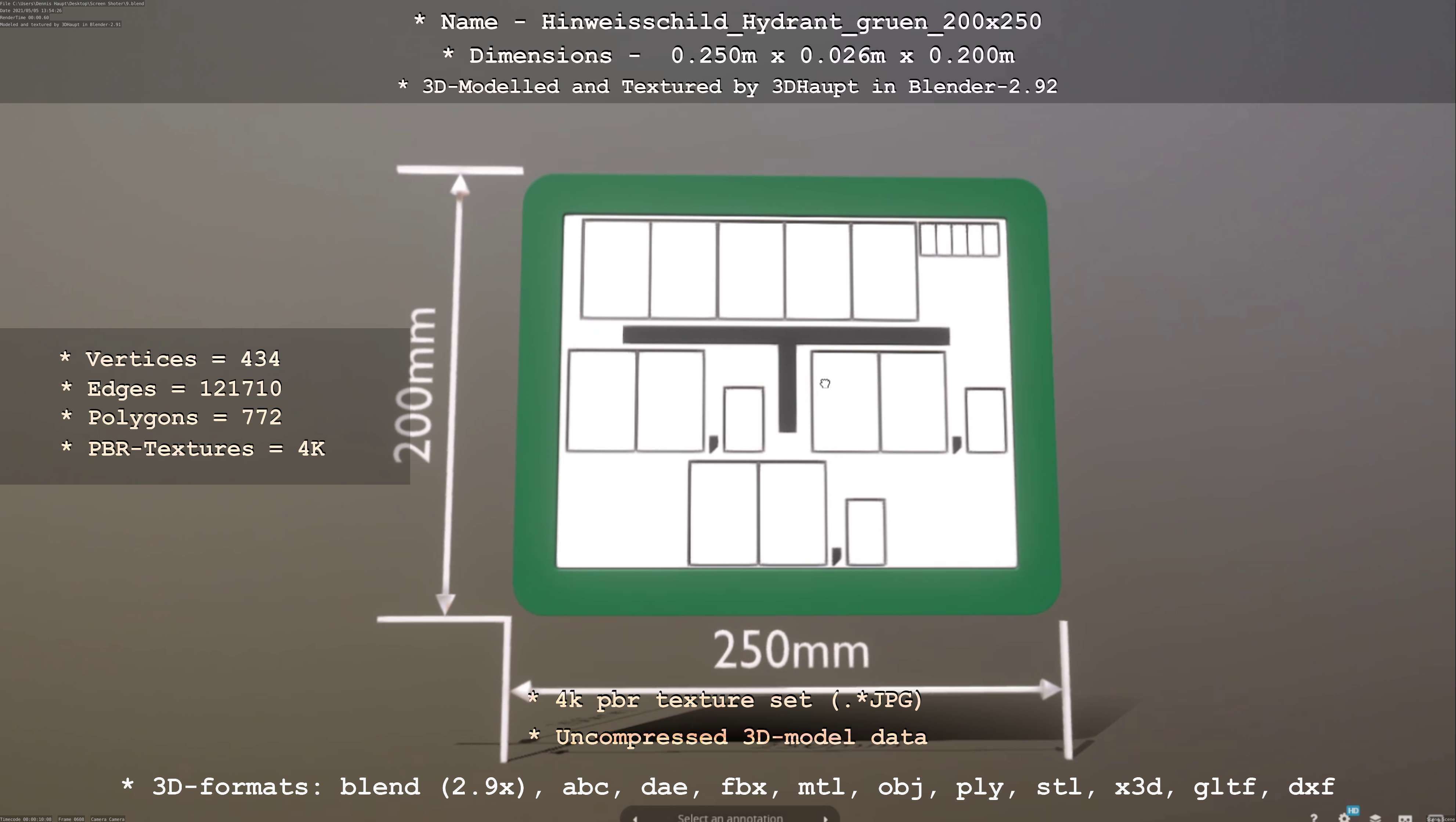 Hinweisschild Hydrant gruen 200x250mm Low-poly 3D model_35