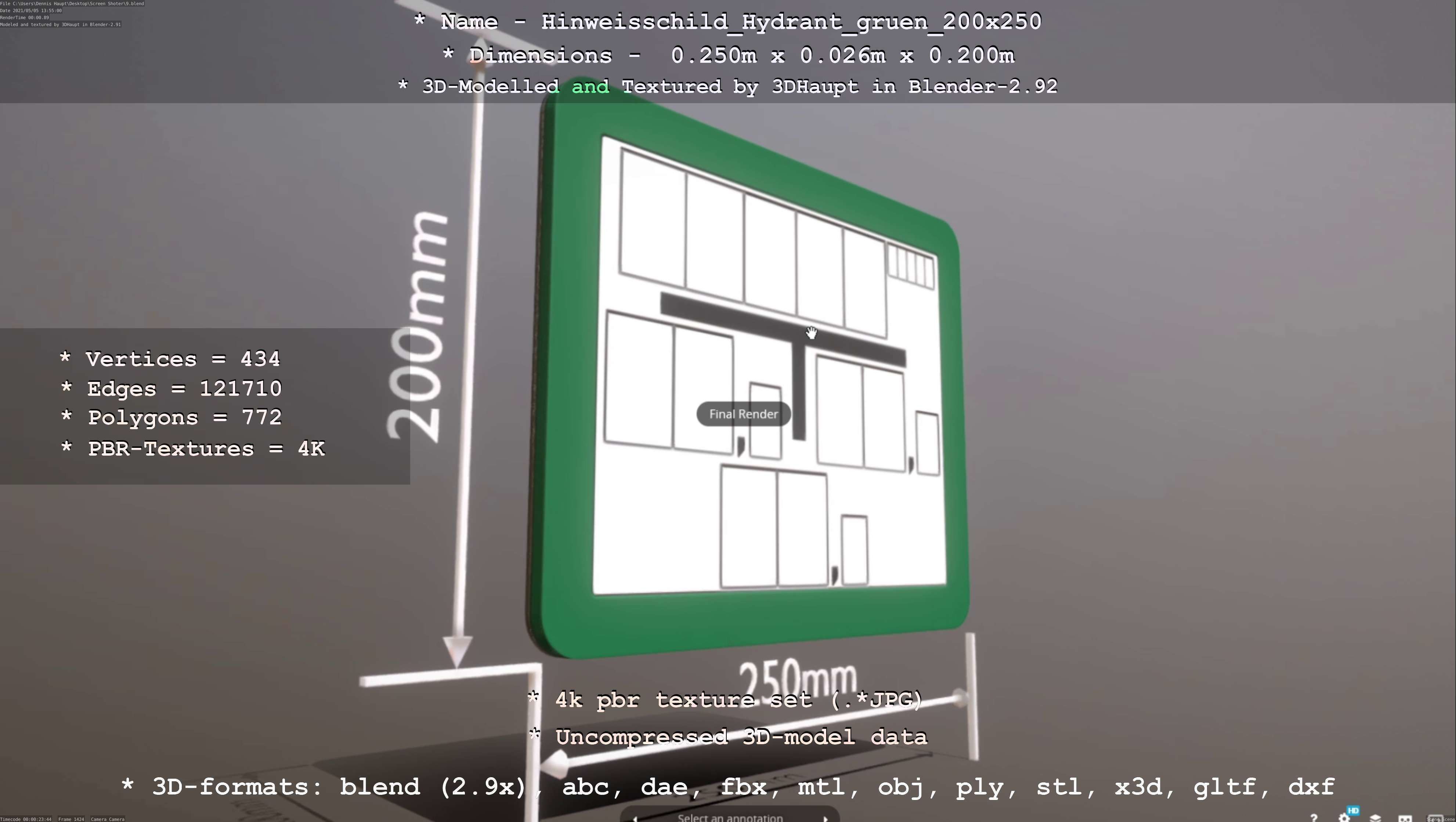 Hinweisschild Hydrant gruen 200x250mm Low-poly 3D model_49