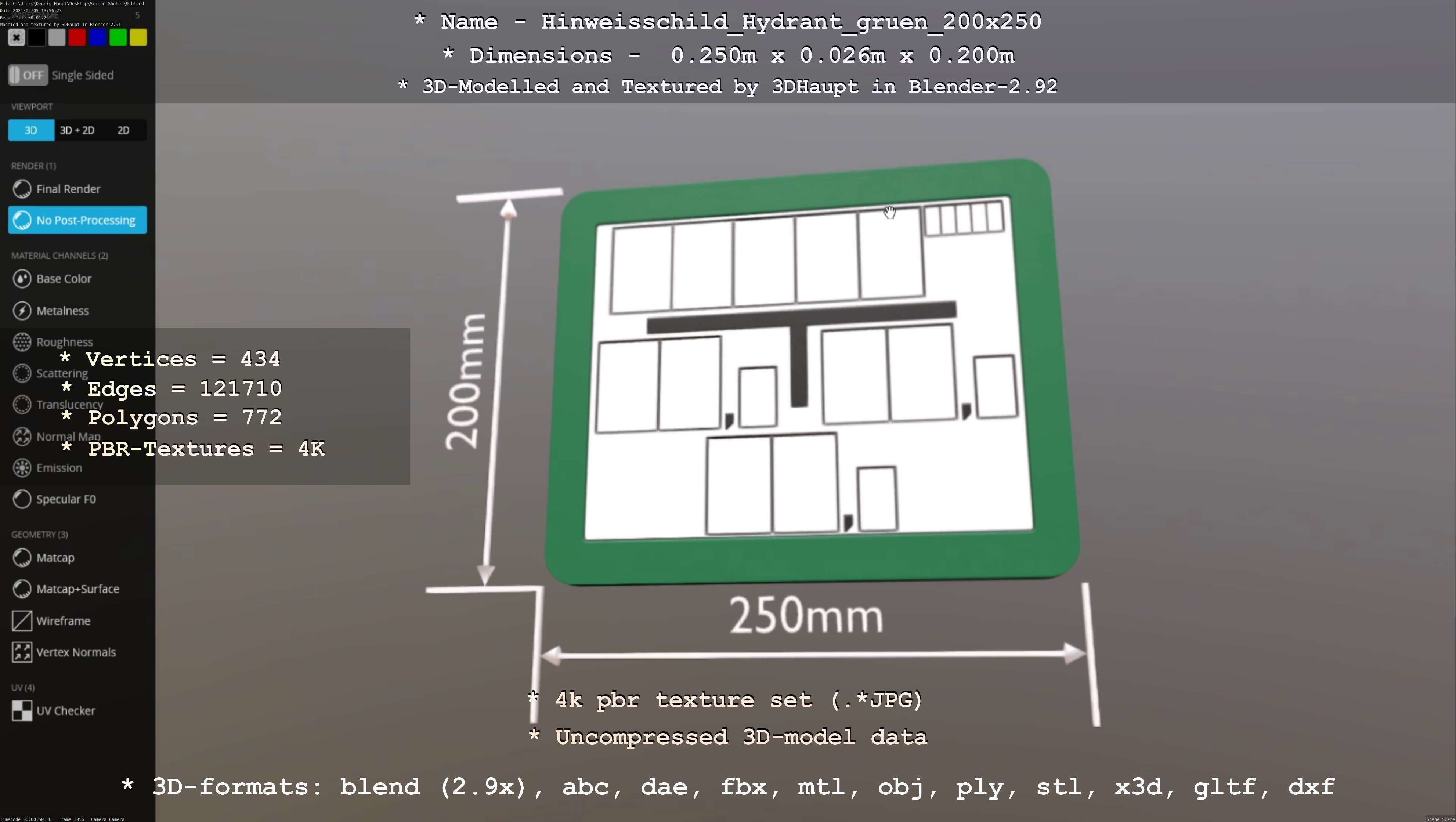 Hinweisschild Hydrant gruen 200x250mm Low-poly 3D model_18