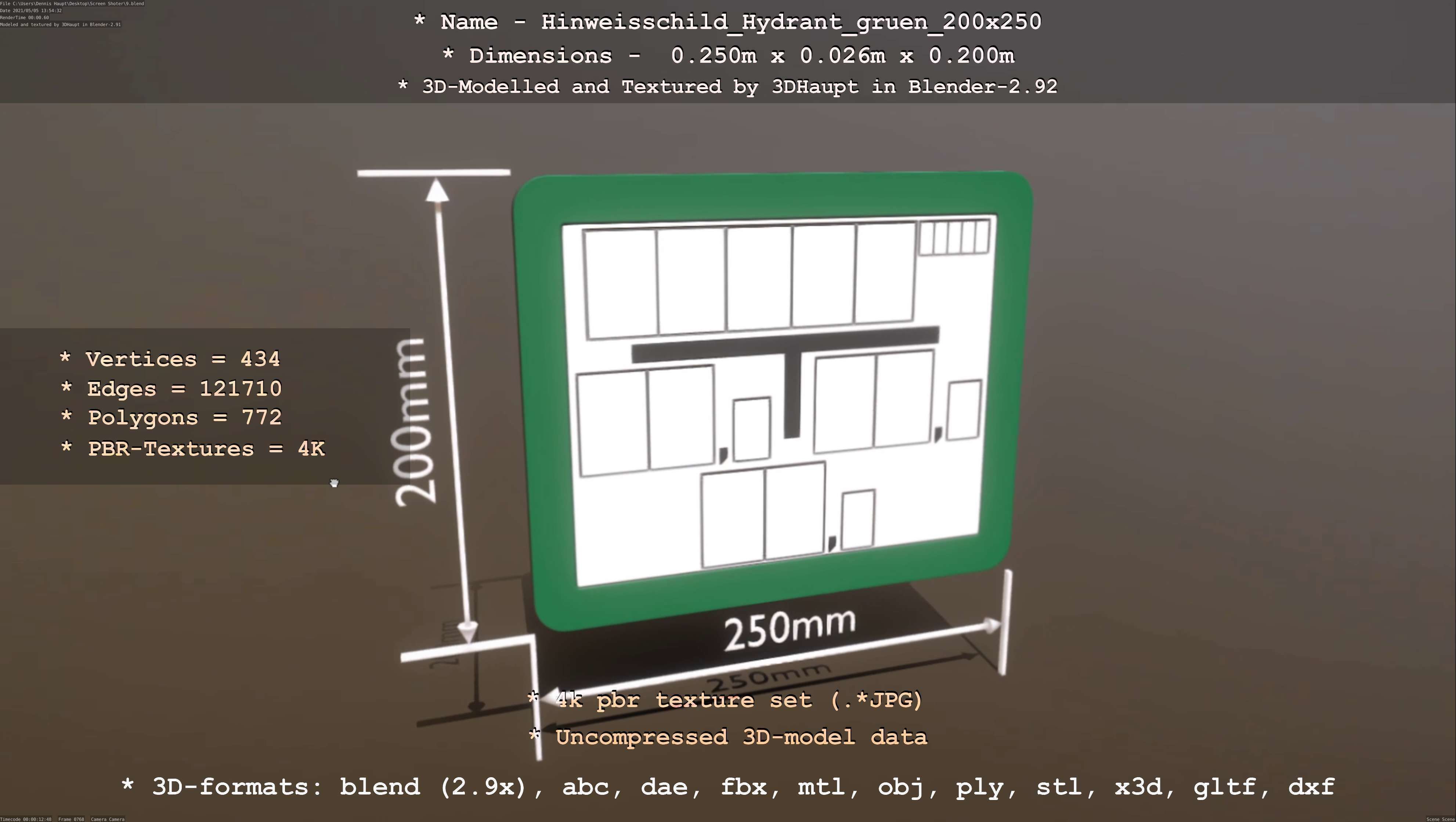 Hinweisschild Hydrant gruen 200x250mm Low-poly 3D model_51