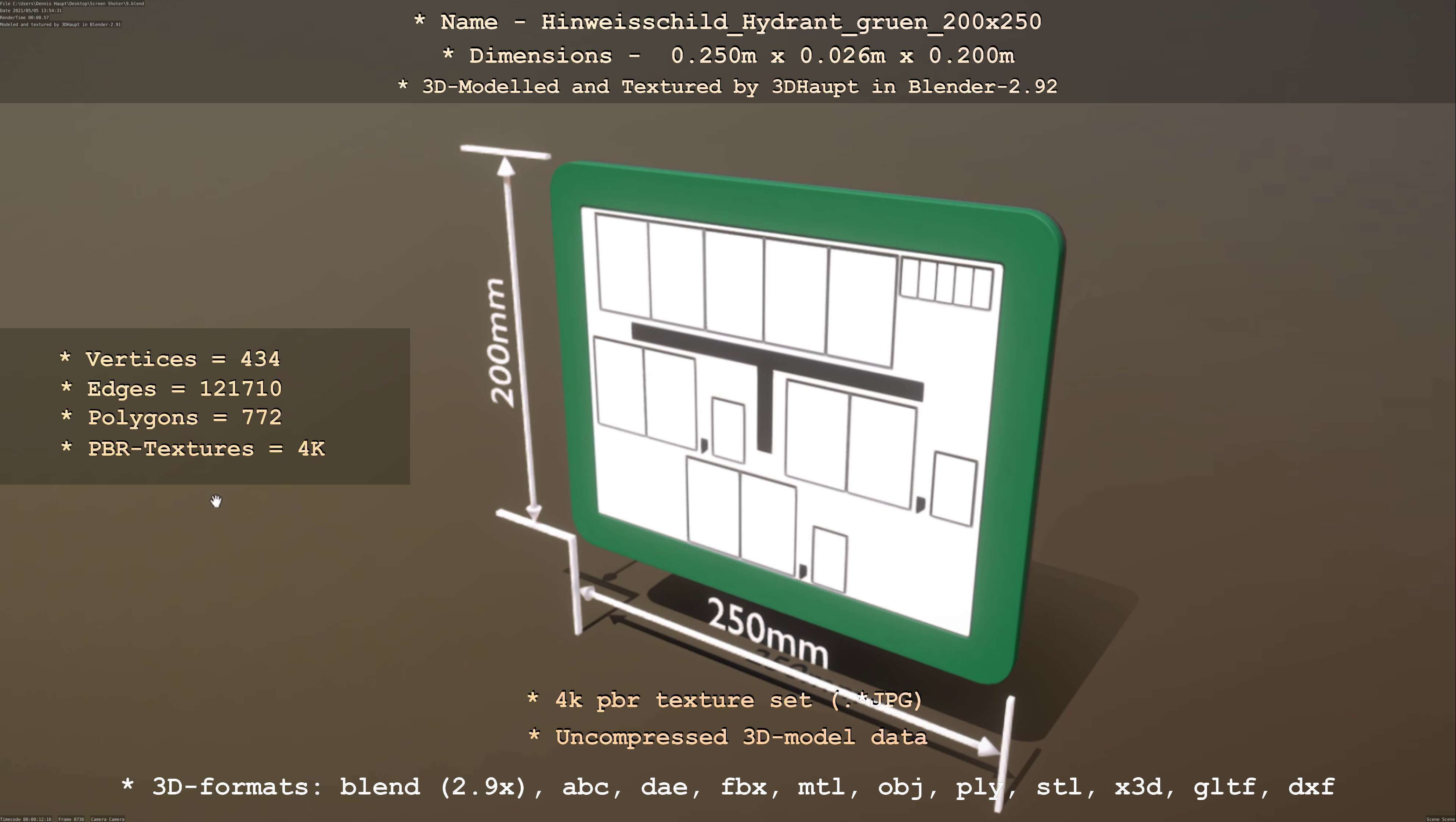 Hinweisschild Hydrant gruen 200x250mm Low-poly 3D model_37