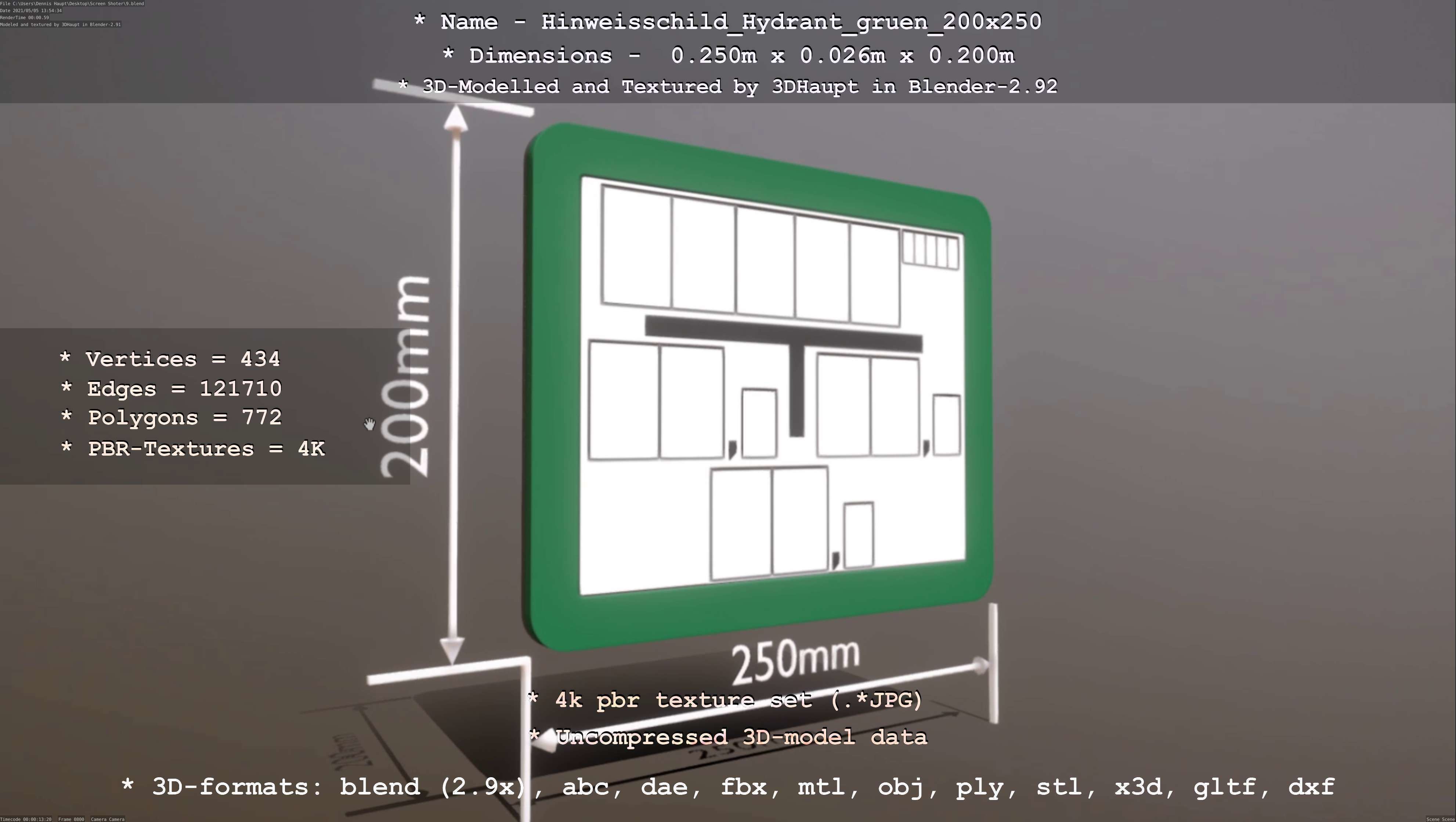 Hinweisschild Hydrant gruen 200x250mm Low-poly 3D model_36