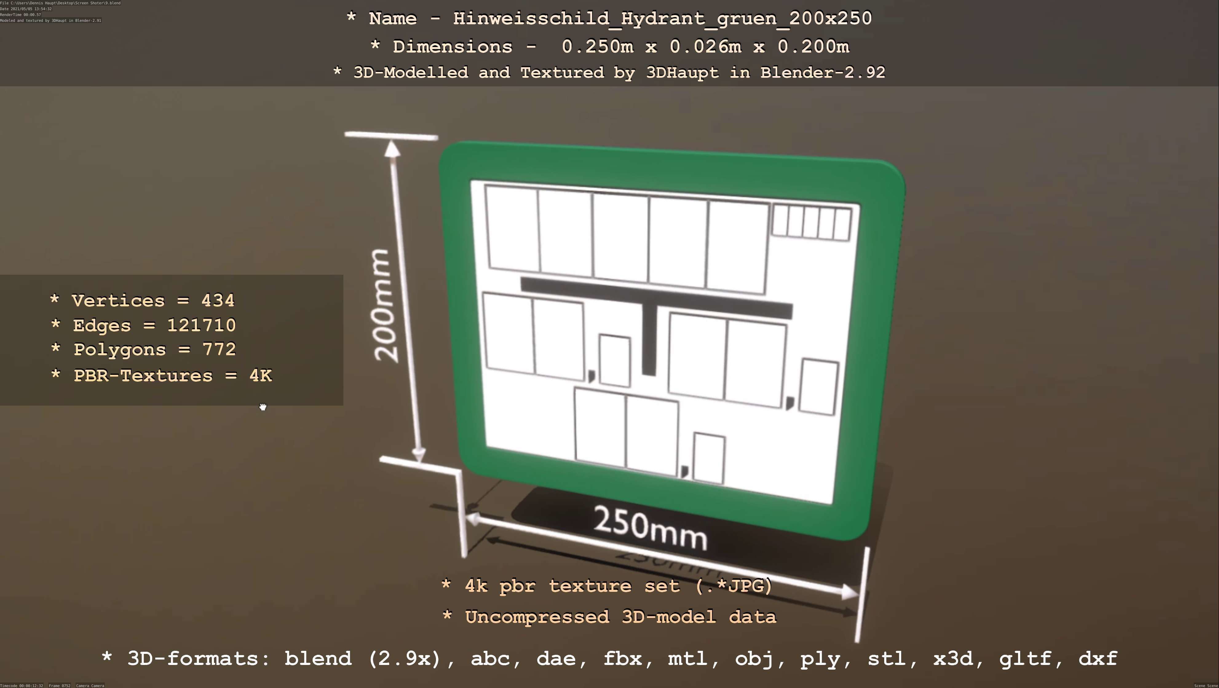 Hinweisschild Hydrant gruen 200x250mm Low-poly 3D model_39