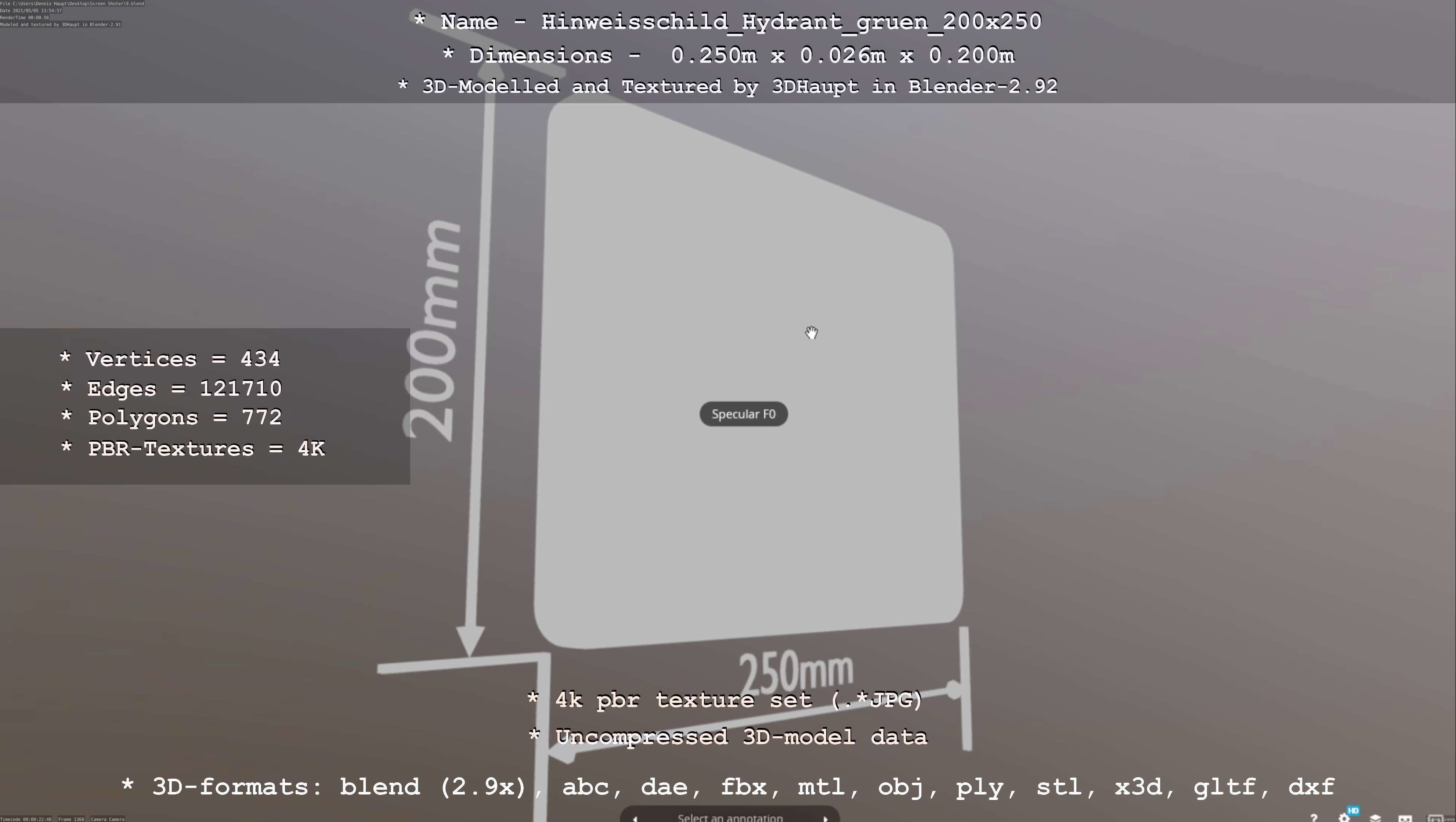 Hinweisschild Hydrant gruen 200x250mm Low-poly 3D model_48
