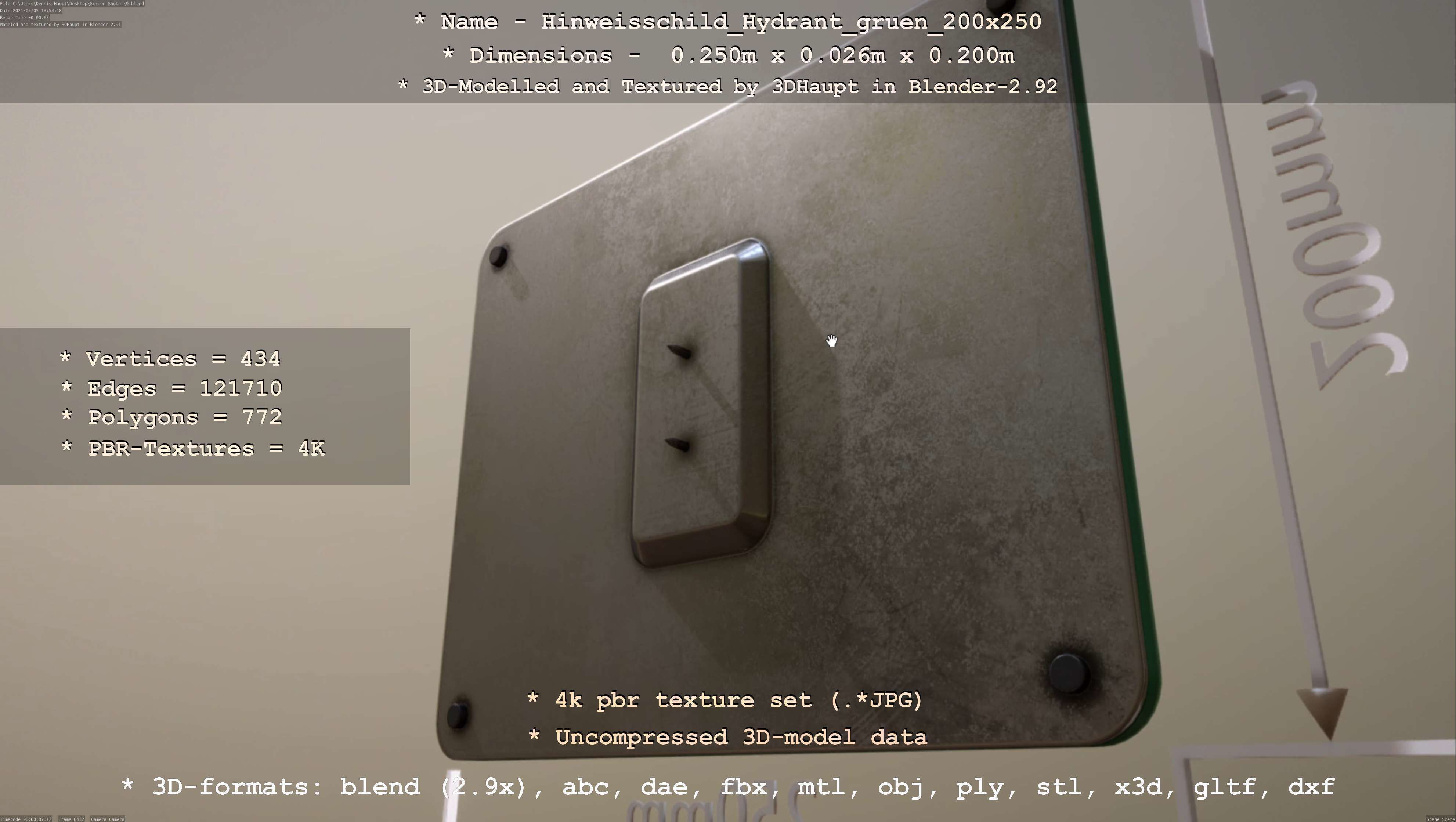 Hinweisschild Hydrant gruen 200x250mm Low-poly 3D model_119