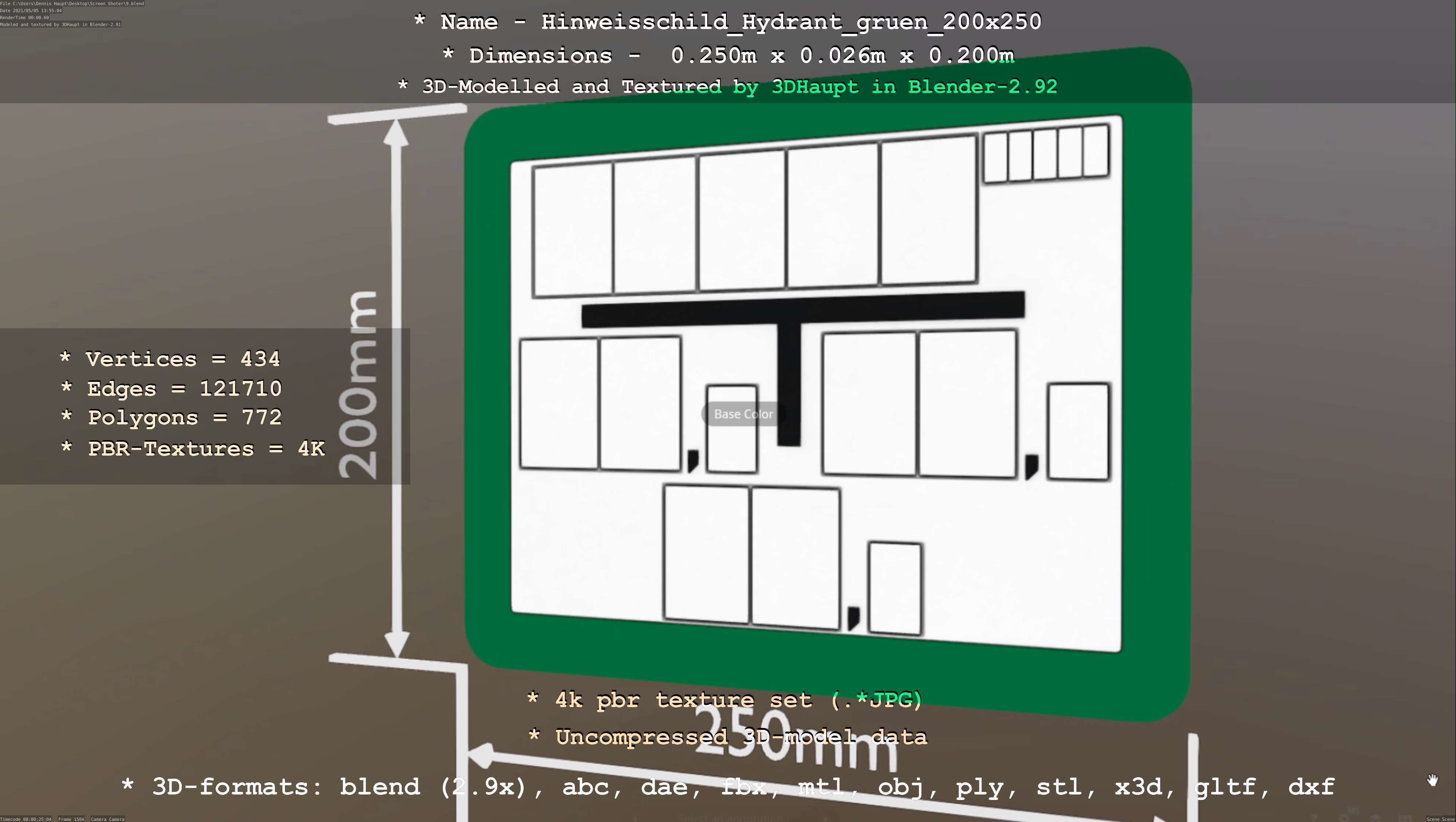 Hinweisschild Hydrant gruen 200x250mm Low-poly 3D model_6