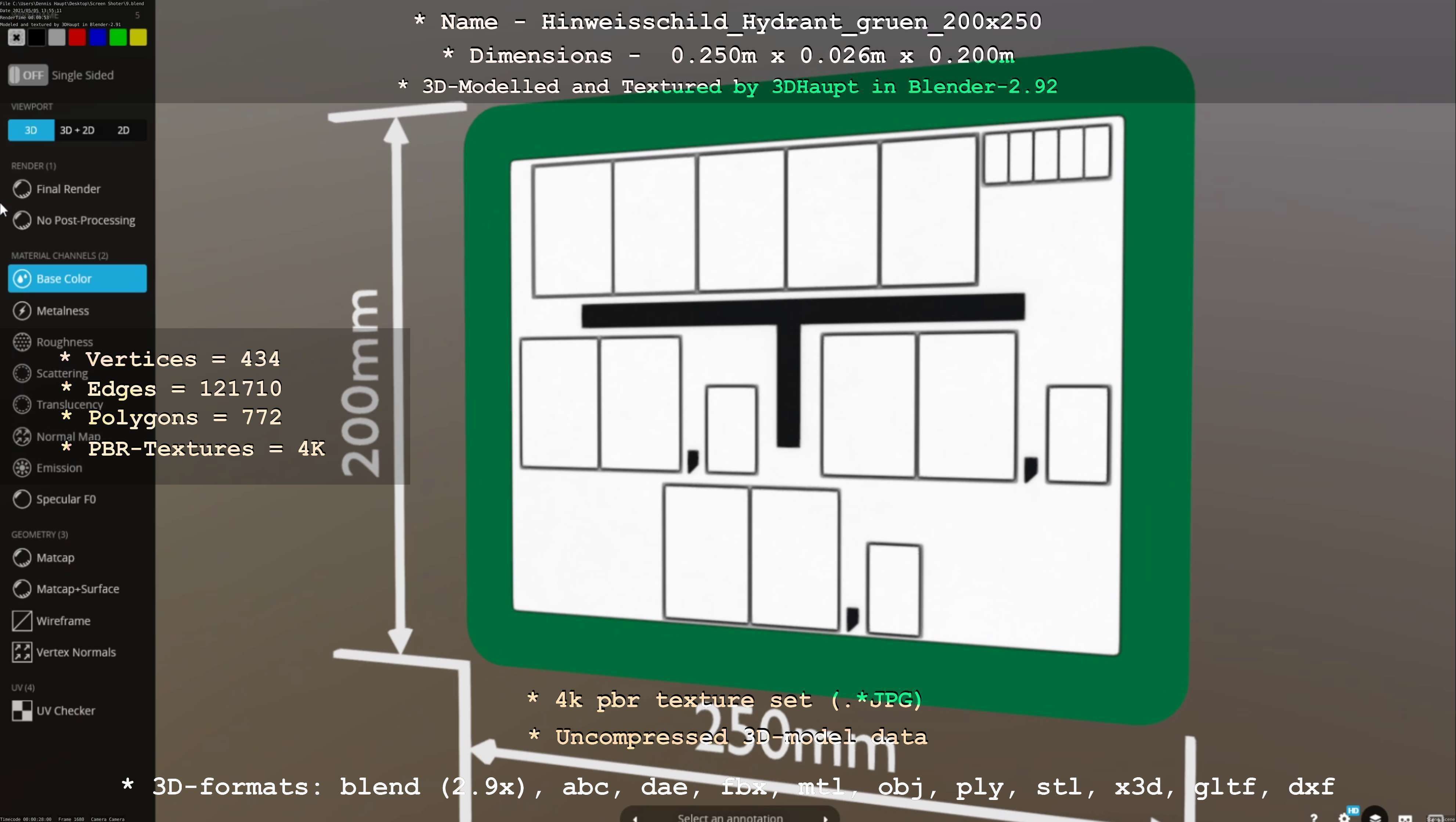 Hinweisschild Hydrant gruen 200x250mm Low-poly 3D model_57