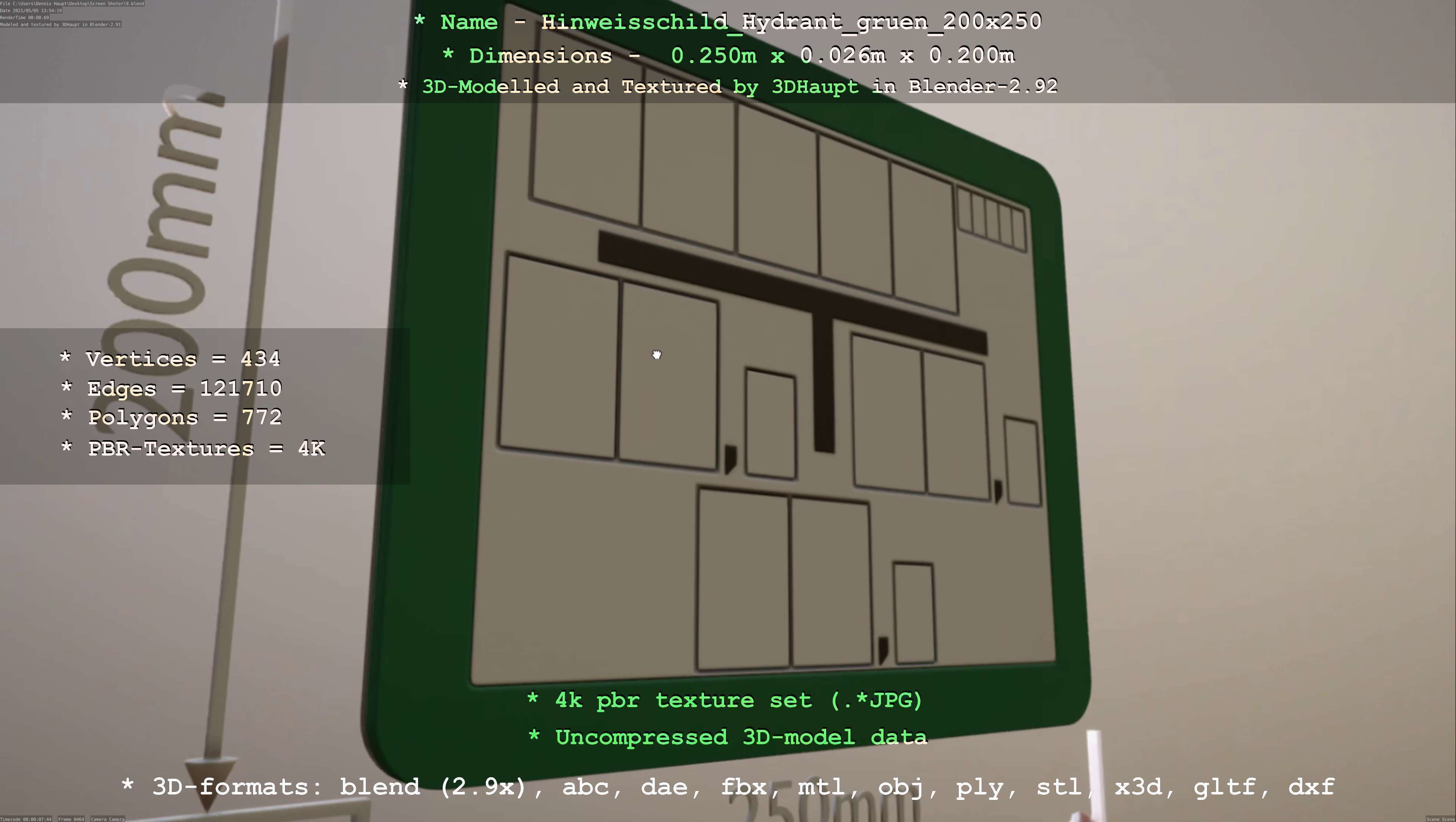 Hinweisschild Hydrant gruen 200x250mm Low-poly 3D model_33