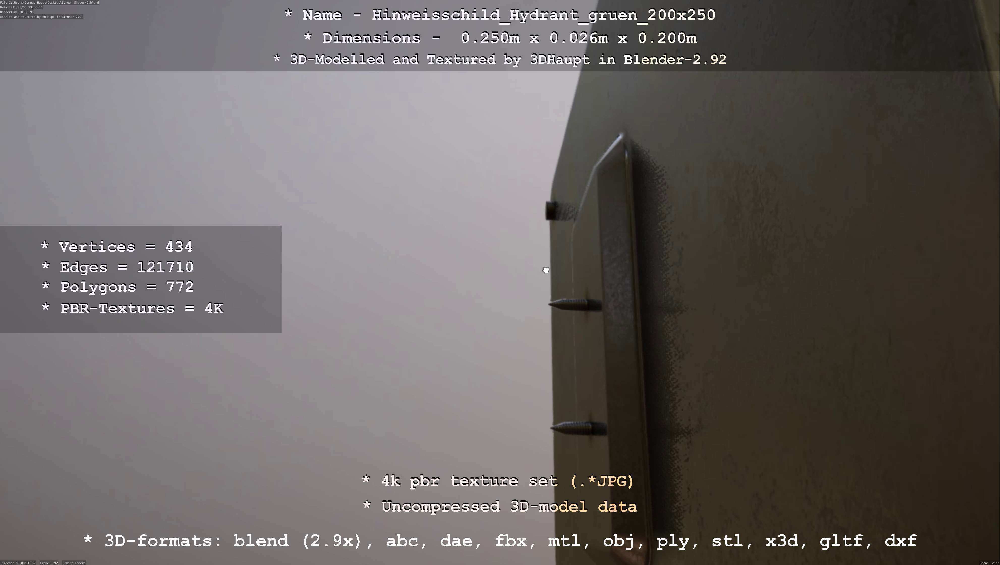 Hinweisschild Hydrant gruen 200x250mm Low-poly 3D model_100