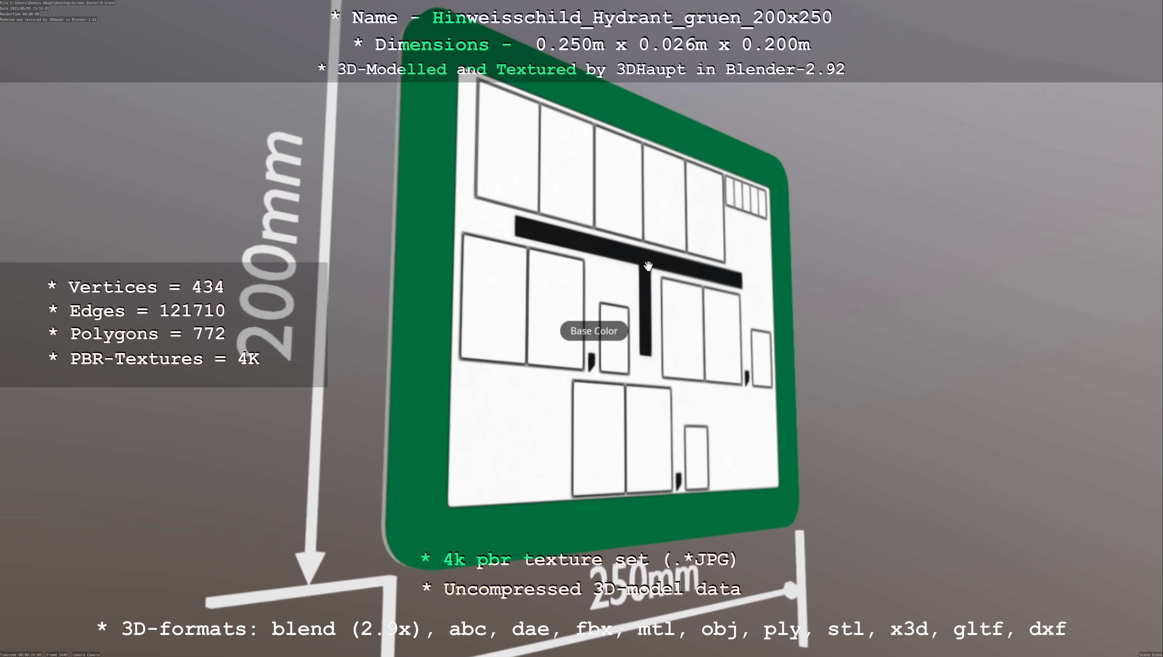 Hinweisschild Hydrant gruen 200x250mm Low-poly 3D model_58
