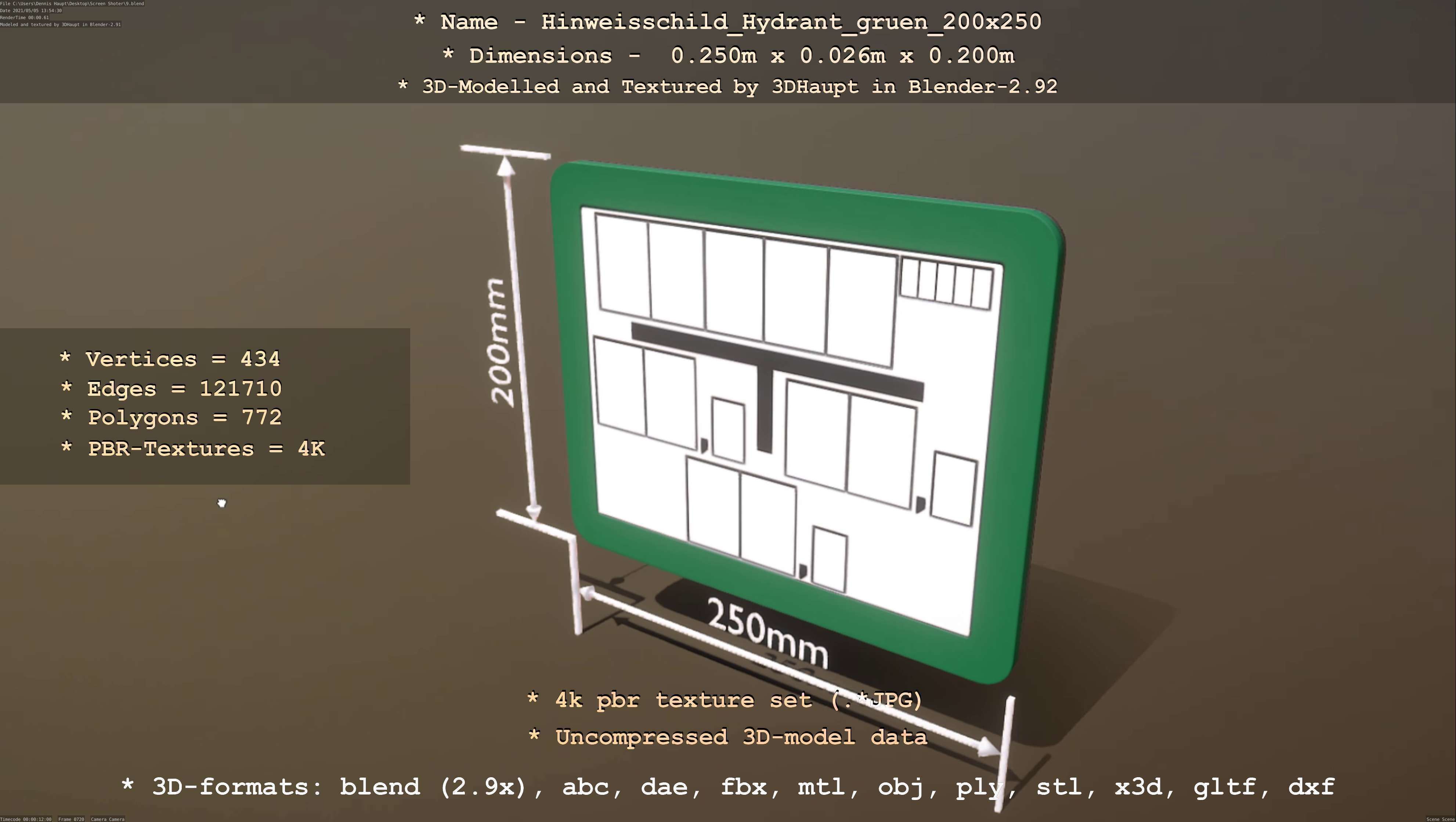 Hinweisschild Hydrant gruen 200x250mm Low-poly 3D model_121